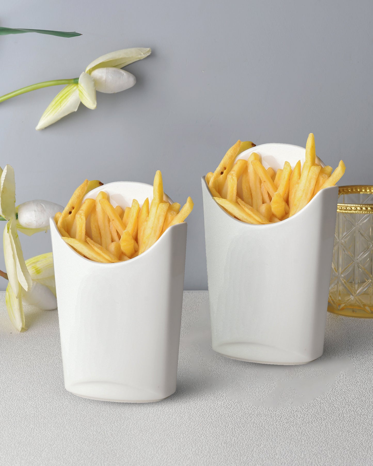 Fine Porcelain Finger Food Pockets, Snacks French Fries, Vegetables Holder, White, Set of 2