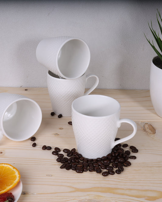 Premium Porcelain Mug with Large Handle for Coffee Tea Cocoa Soup, Ceramic, Dishwasher & Microwave Safe, Dotted 210 ml, White, set of 4