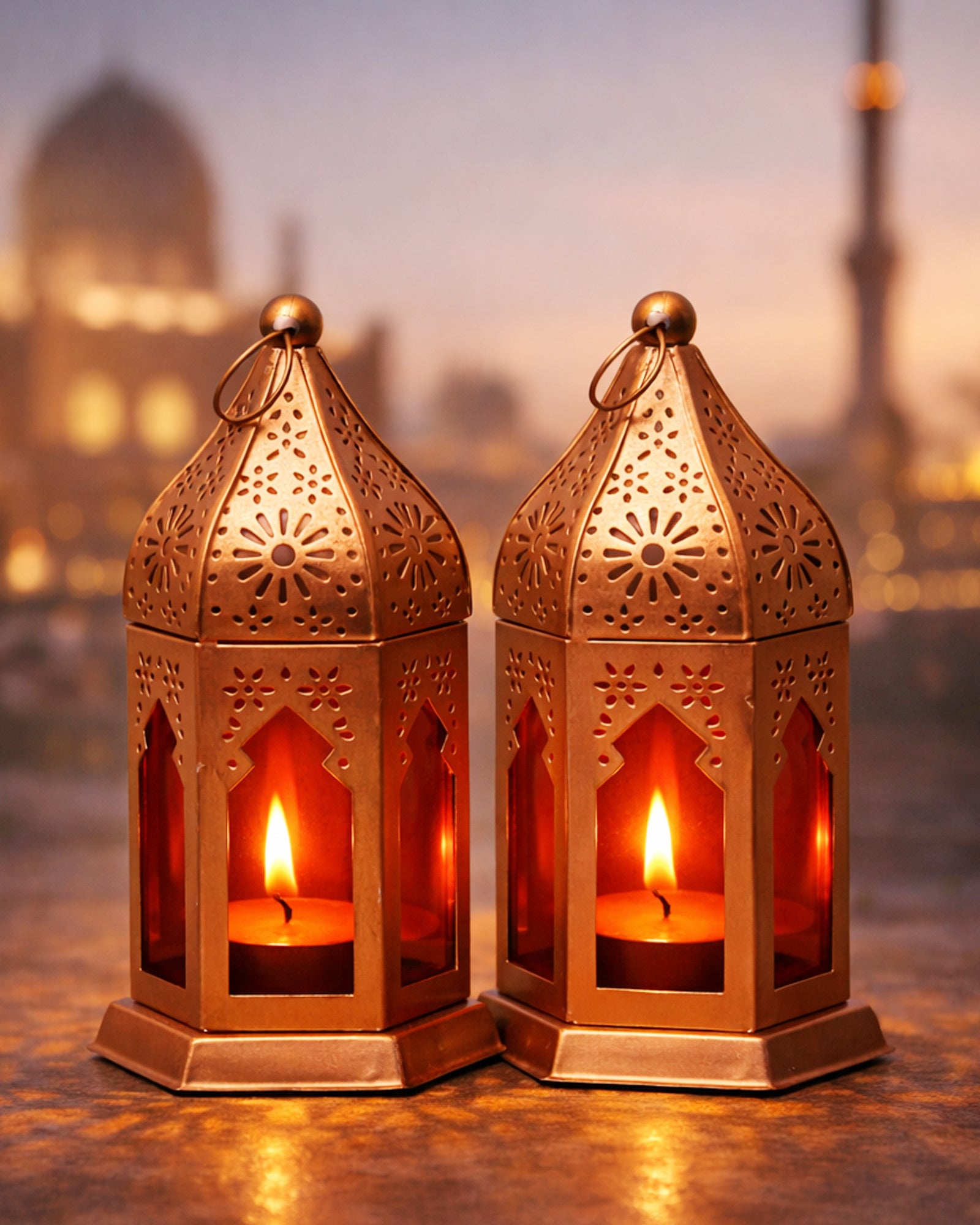 Moroccan Copper Lantern with Red Glass, Ramadan & Eid Decorative