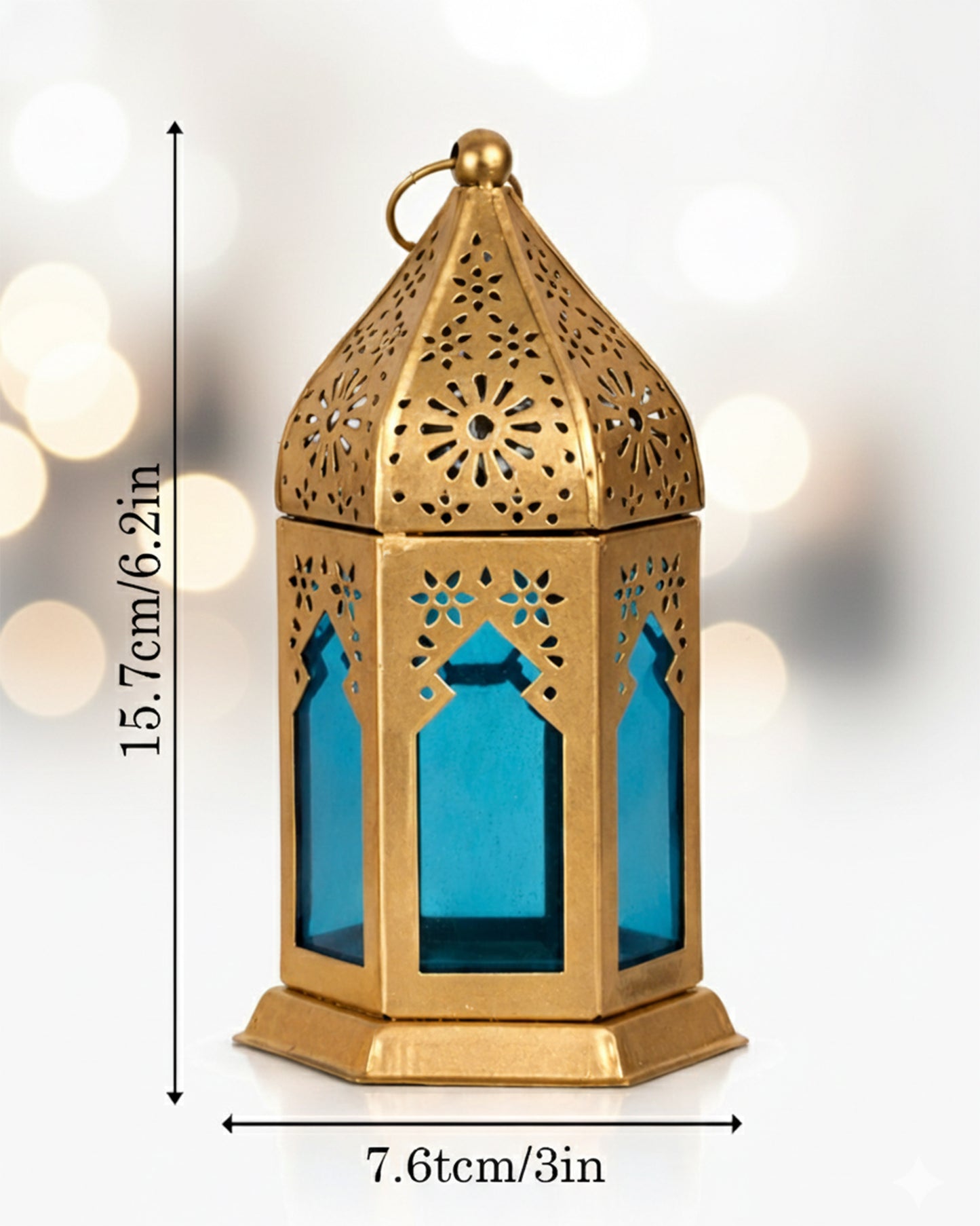 Moroccan Golden Lantern with Blue Glass, Ramadan & Eid Decorative Candle Holder, Islamic Festive Table & Home Décor, Warm Ambient Metal Lantern for Iftar, Prayer Corner & Living Room