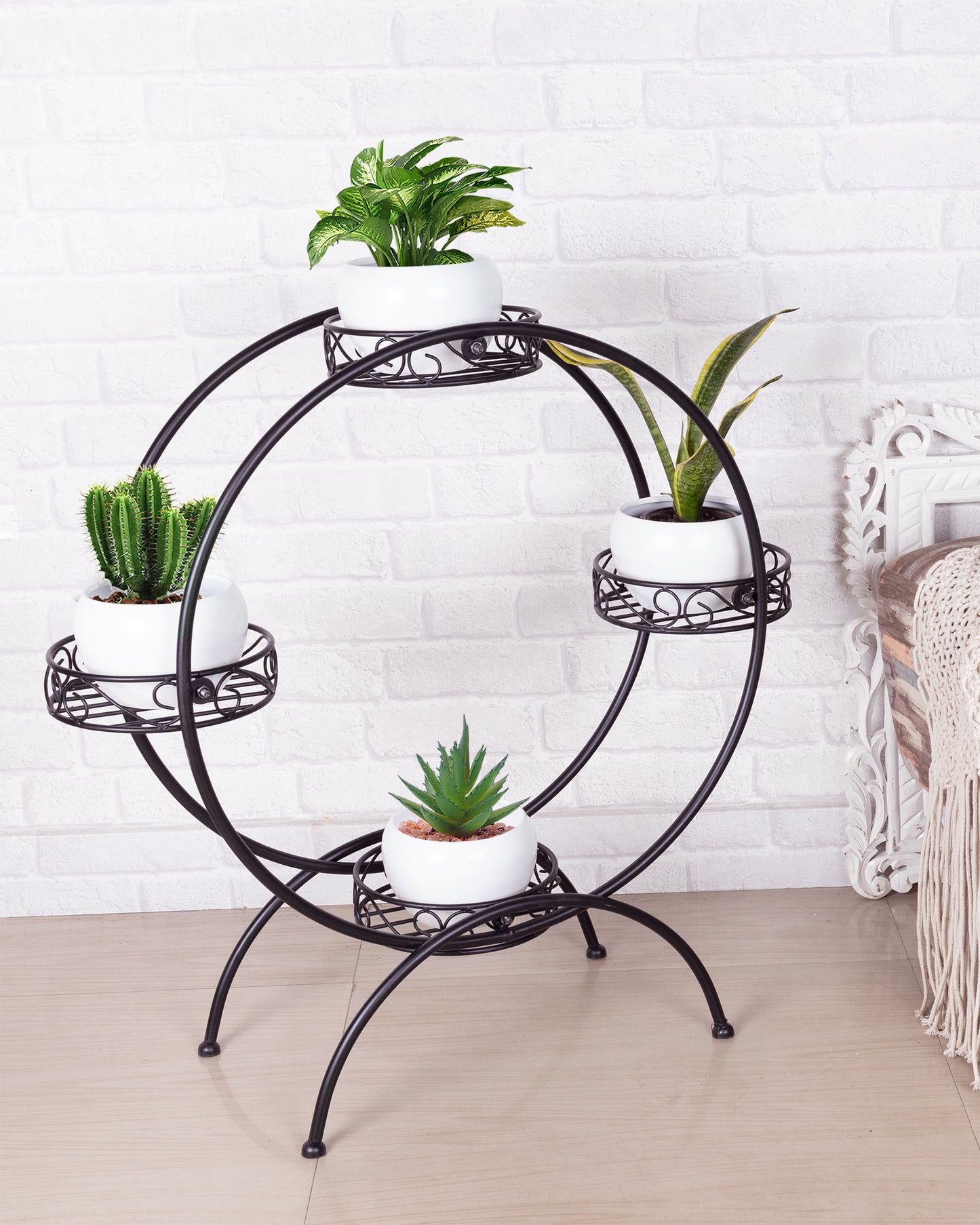 Round Black Plant Stand Metal Flower Holder Racks with 4 Tier With Metal Pot Garden Decoration Planter Rack Shelf Black