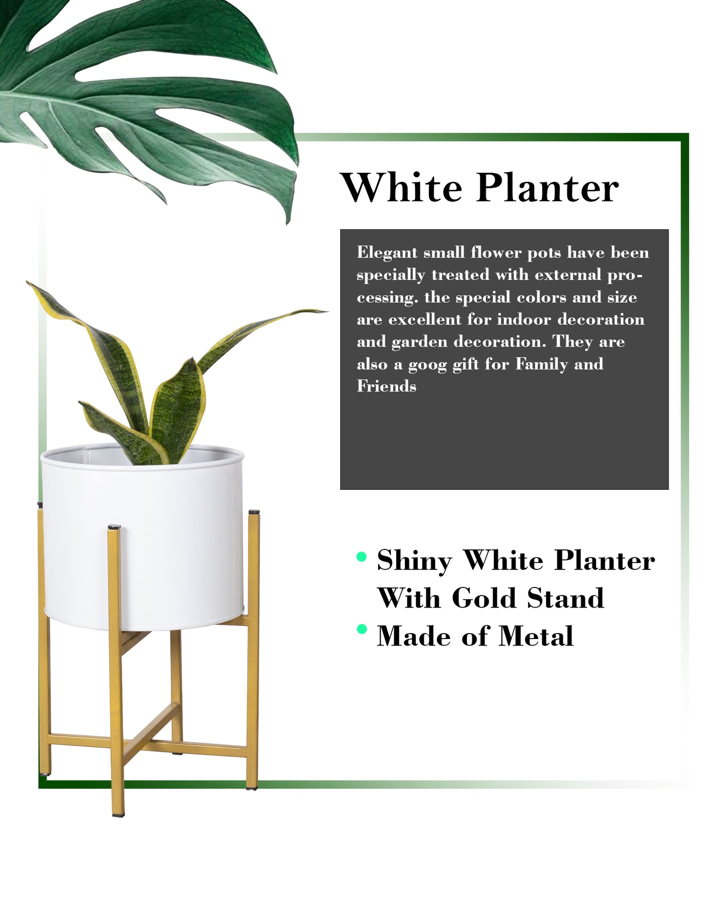 13" Mid Century Golden Modern Large Planter with Stand, with Black Pot, Plant Holder for Indoor Snake Plants Flowers