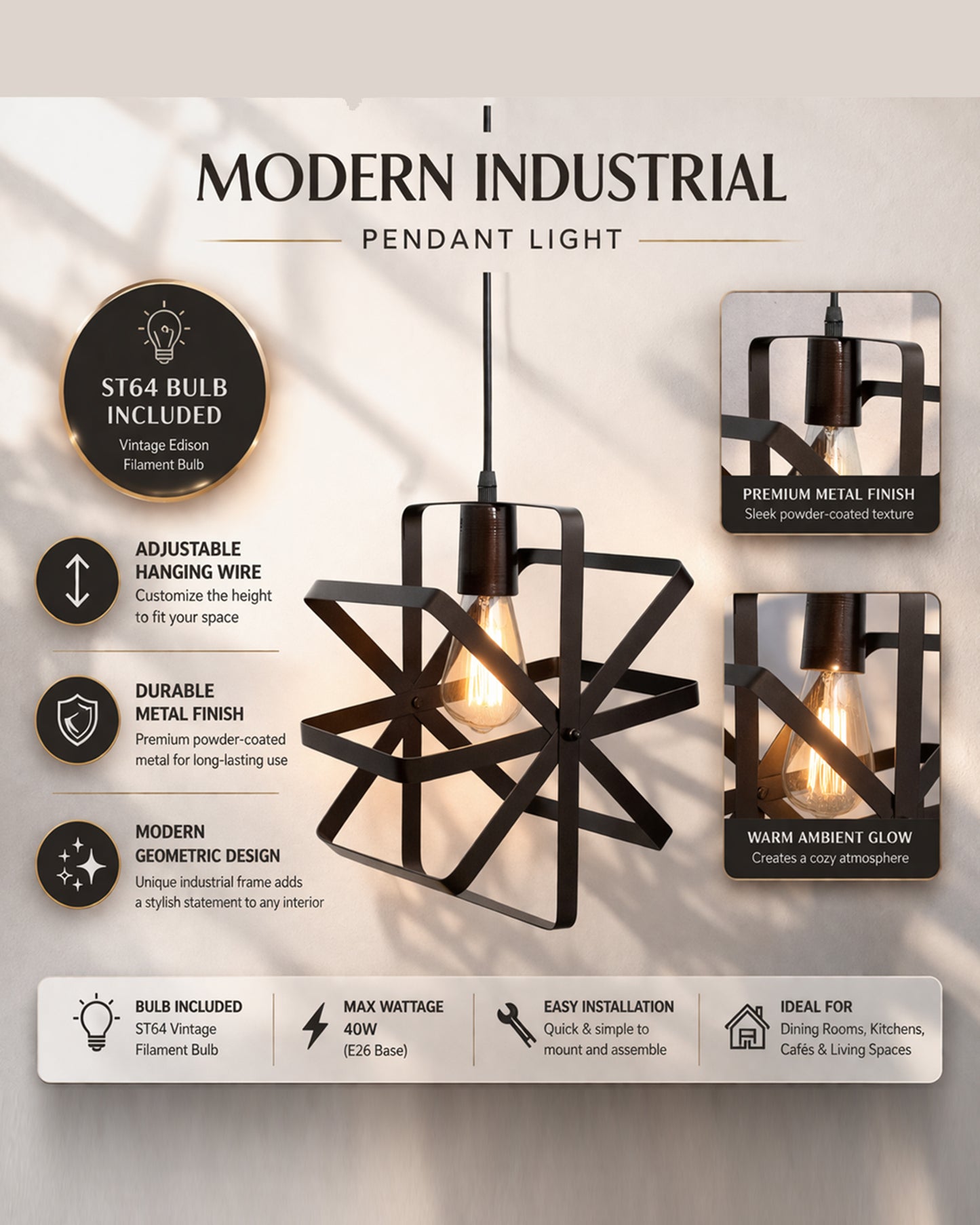Industrial Vintage Globe Pendant Light Fixture, Changeable Hanging Ceiling Light Chandelier Fixture for Kitchen, Island, Living Room, Dining Room