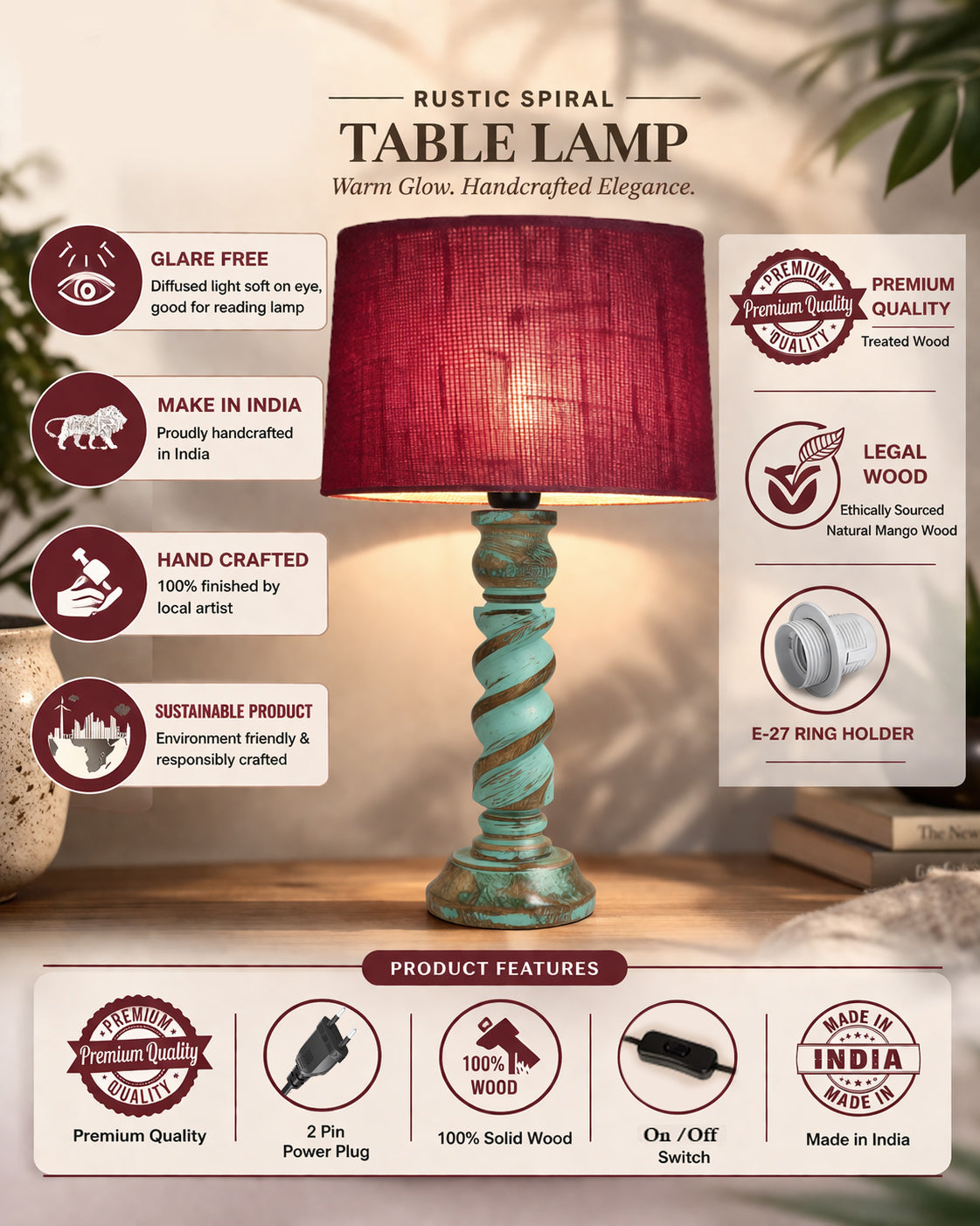 Signature Rustic Rope Algae Table Lamp With Jute Drum Shade, Farmhouse, Living Room, Bedroom, House Bedside Nightstand, Home, Office, Reading Light
