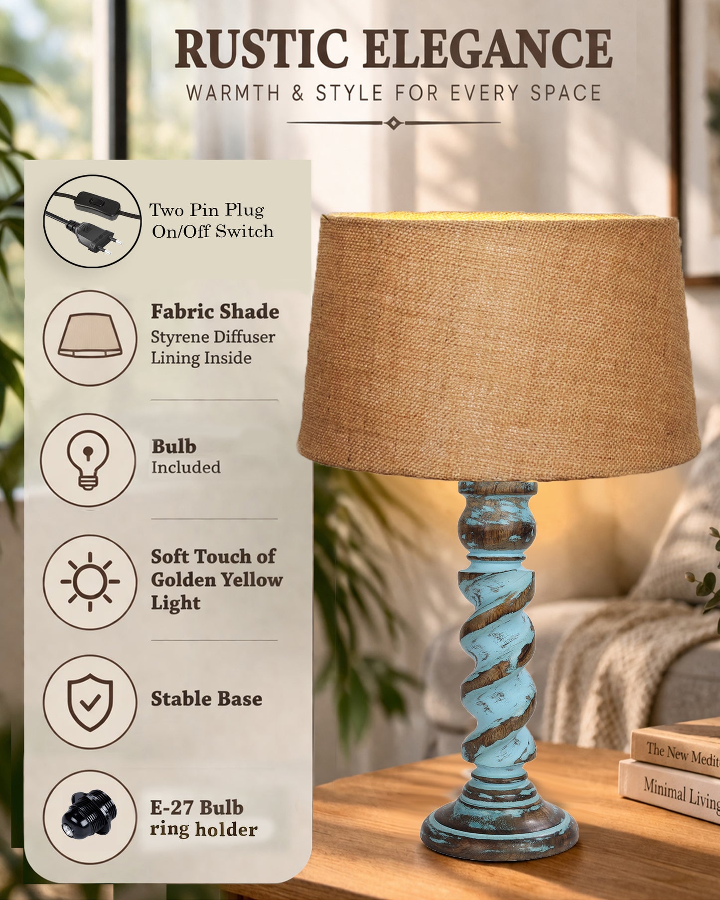 Signature Rustic Rope Distress Blue Table Lamp With Jute Drum Shade, farmhouse Living Room Bedroom House Bedside Nightstand Home Office Reading Light