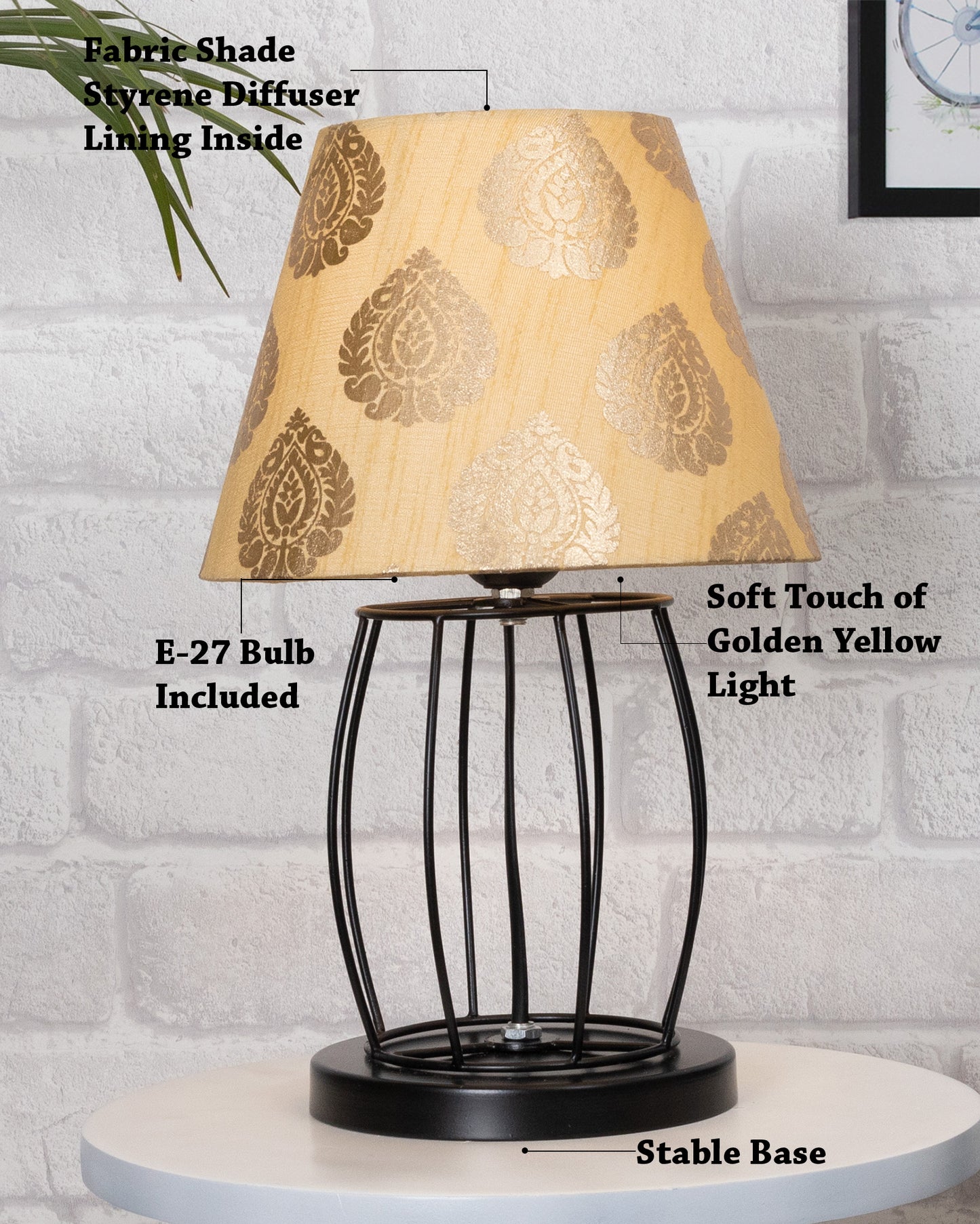 Modern Table Lamp, Metal Wire Cage Base Modern Fabric Lampshade for Home Office Cafe Restaurant,