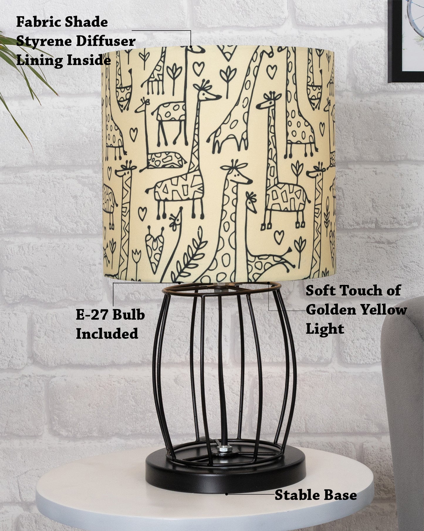 Modern Table Lamp, Metal Wire Cage Base Modern Fabric Lampshade for Home Office Cafe Restaurant,