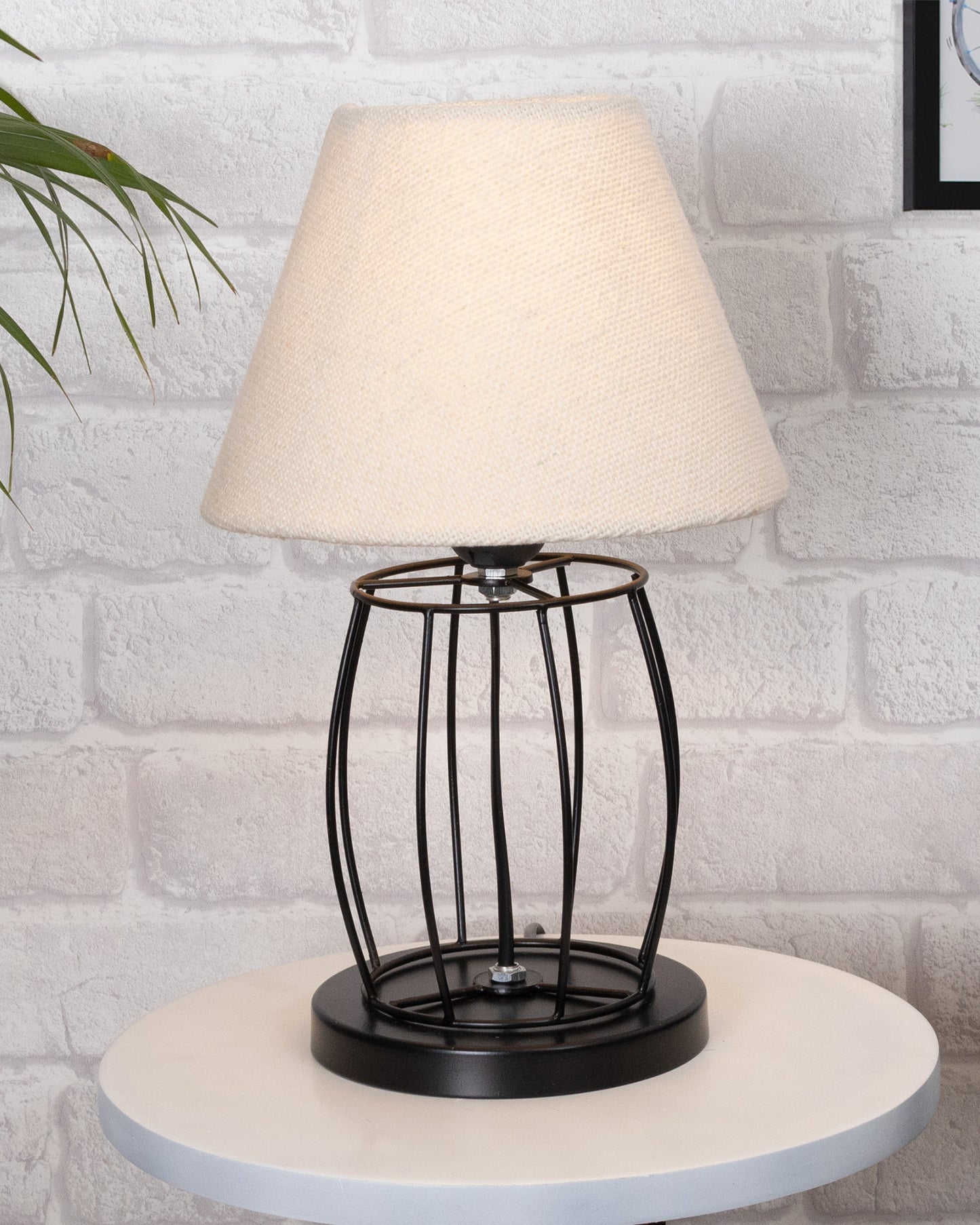 Modern Table Lamp, Metal Wire Cage Base Modern Fabric Lampshade for Home Office Cafe Restaurant,