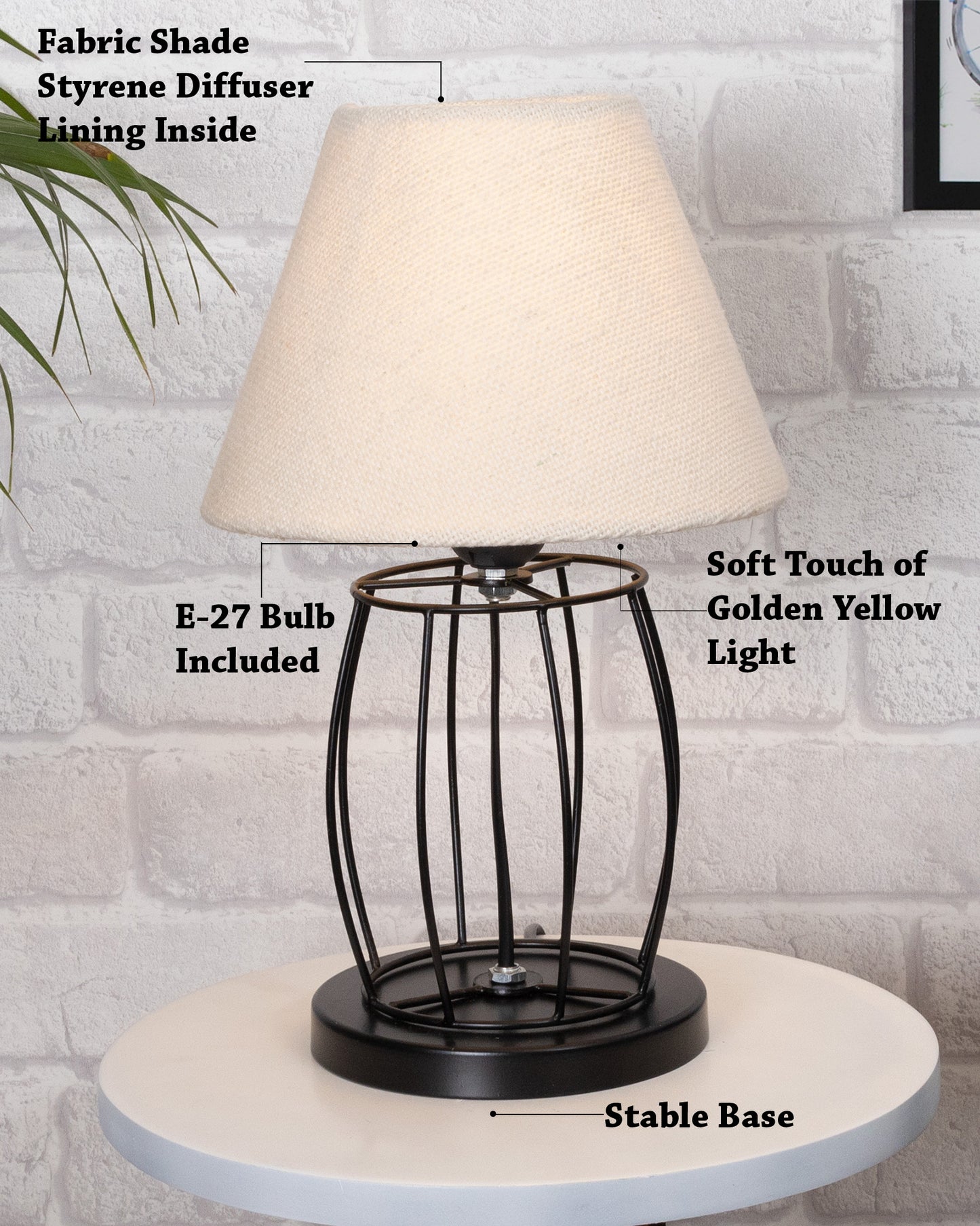 Modern Table Lamp, Metal Wire Cage Base Modern Fabric Lampshade for Home Office Cafe Restaurant,