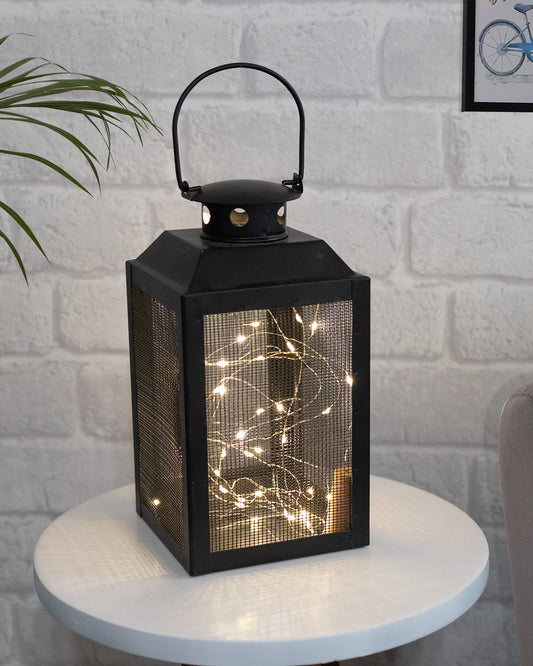 Iron Lantern and Candle Tealight Holder for Home Decor Items With 50 Warm White LEDs for Garden Patio Landscape Decoration Pack of 1 (Small)