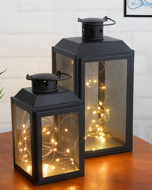 Set of 2 Iron Lantern and Candle Tealight Holder for Home Decor Items With 50 Warm White LEDs for Garden Patio Landscape Decoration