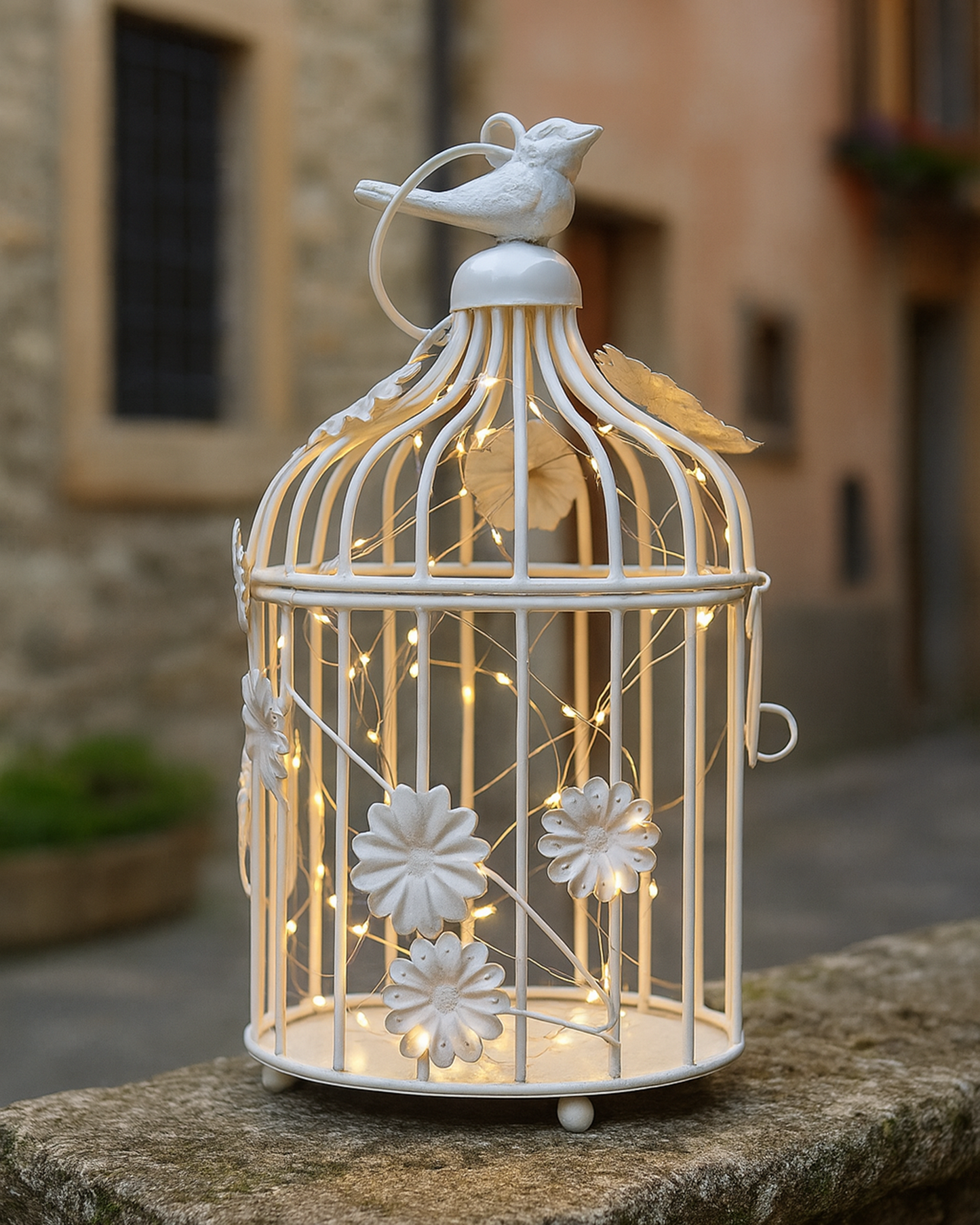 Modern Style Iron Decorative White Bird Cage Small with Hanging Chain Tabletop or Hanging Tealight Holder Candle Holder with Cork String Light