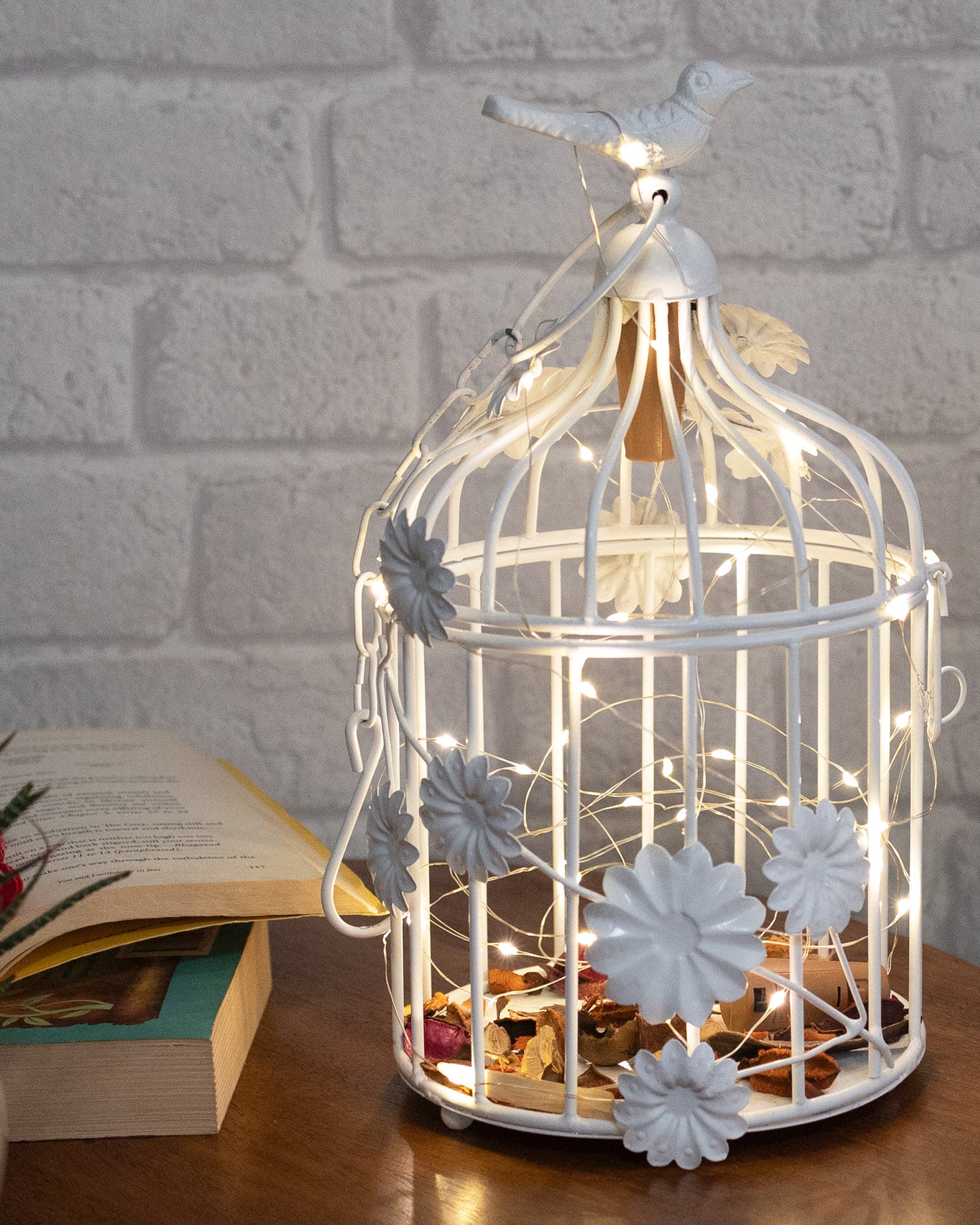 Modern Style Iron Decorative White Bird Cage Small with Hanging Chain Tabletop or Hanging Tealight Holder Candle Holder with Cork String Light