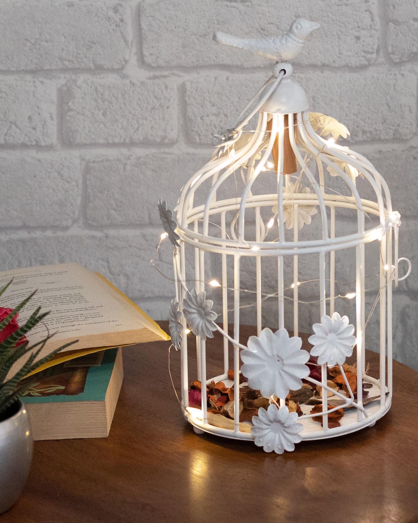 Modern Style Iron Decorative White Bird Cage Small with Hanging Chain Tabletop or Hanging Tealight Holder Candle Holder with Cork String Light