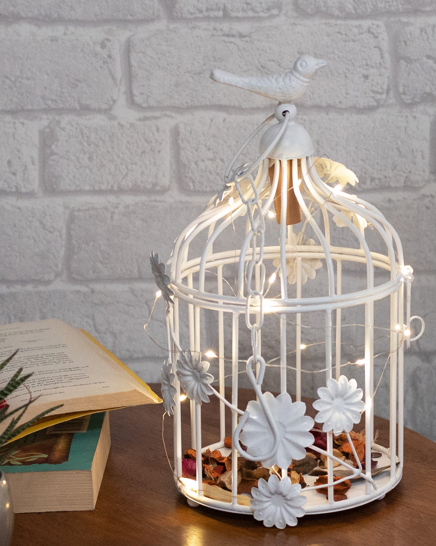 Modern Style Iron Decorative White Bird Cage Small with Hanging Chain Tabletop or Hanging Tealight Holder Candle Holder with Cork String Light