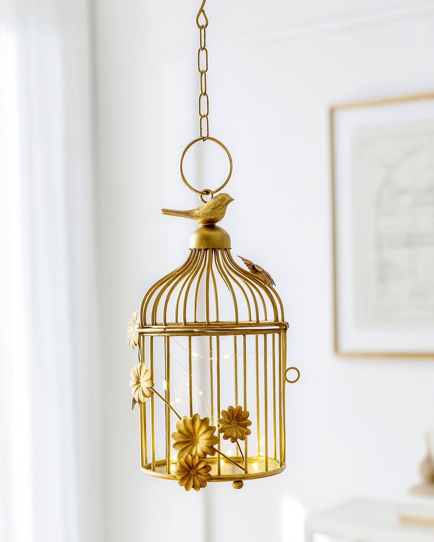 Modern Style Iron Decorative White Bird Cage Small with Hanging Chain Tabletop or Hanging Tealight Holder Candle Holder with Cork String Light