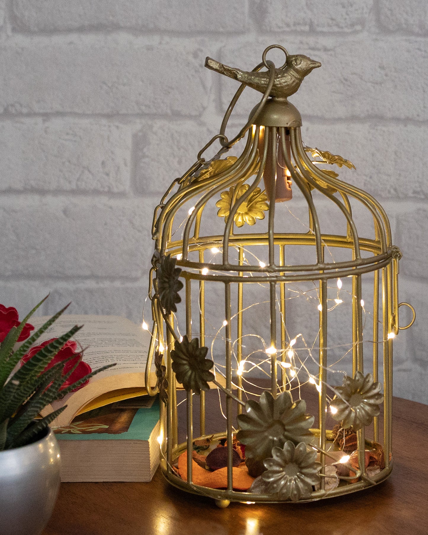 Modern Style Iron Decorative White Bird Cage Small with Hanging Chain Tabletop or Hanging Tealight Holder Candle Holder with Cork String Light