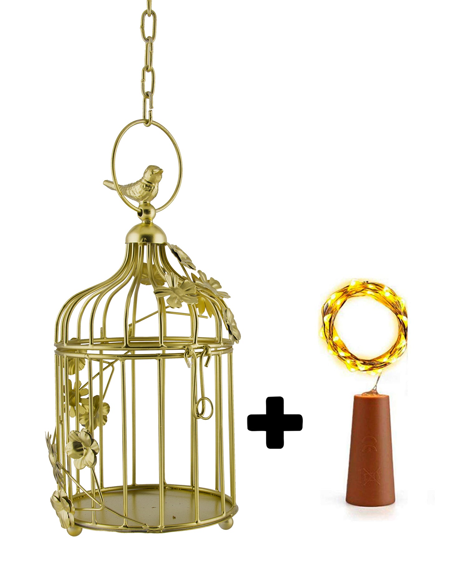 Modern Style Iron Decorative White Bird Cage Small with Hanging Chain Tabletop or Hanging Tealight Holder Candle Holder with Cork String Light