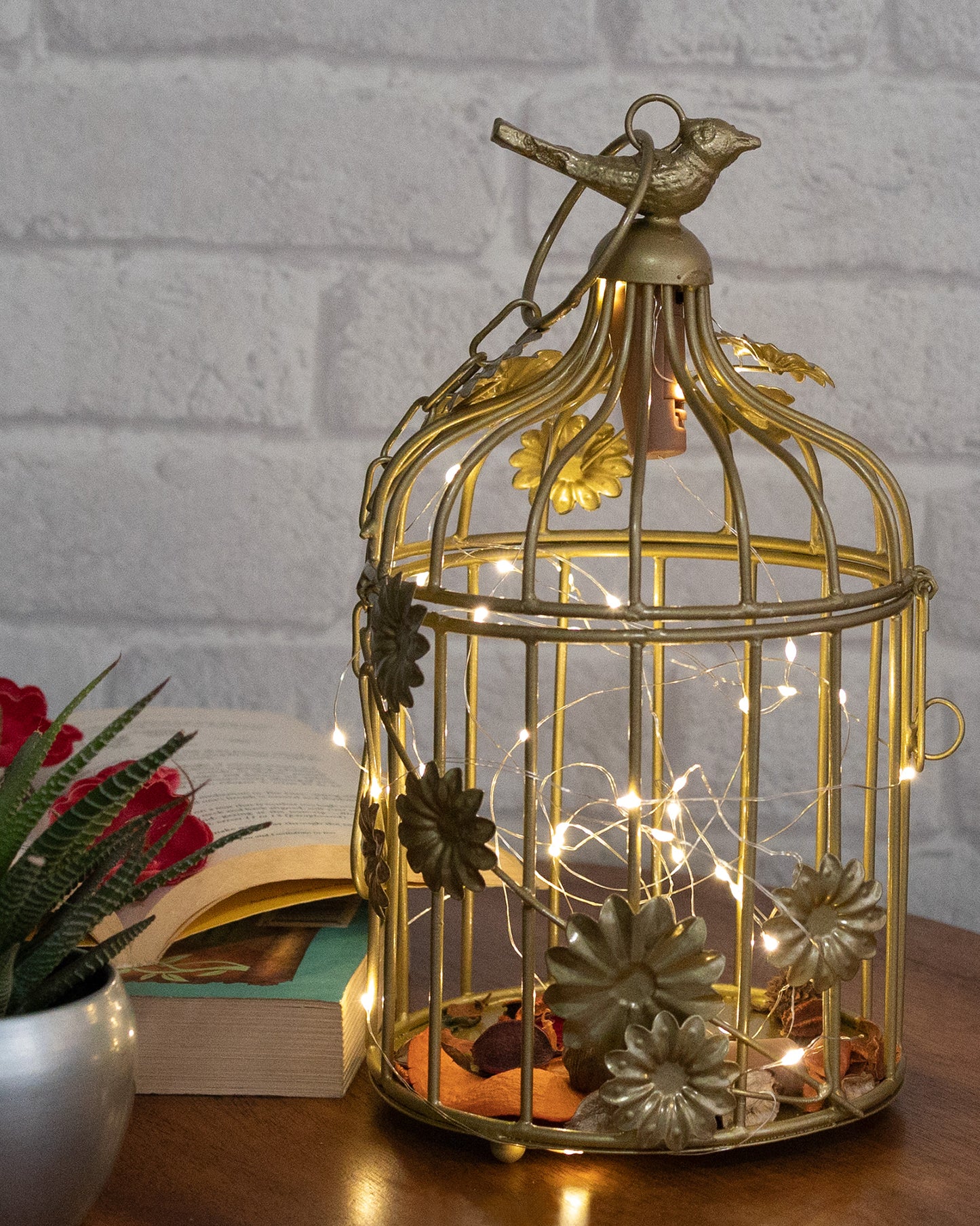 Modern Style Iron Decorative White Bird Cage Small with Hanging Chain Tabletop or Hanging Tealight Holder Candle Holder with Cork String Light