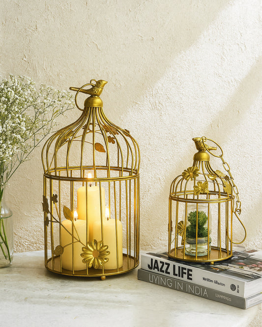 Set of 2 Modern Style Iron Decorative White Bird Cage with Hanging Chain Tabletop or Hanging Tealight Holder Candle Holder with Cork String Light