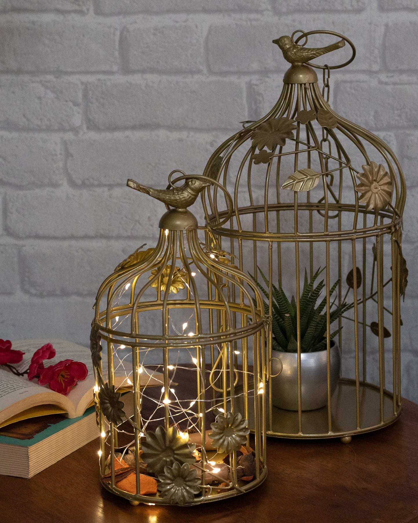 Set of 2 Modern Style Iron Decorative White Bird Cage with Hanging Chain Tabletop or Hanging Tealight Holder Candle Holder with Cork String Light