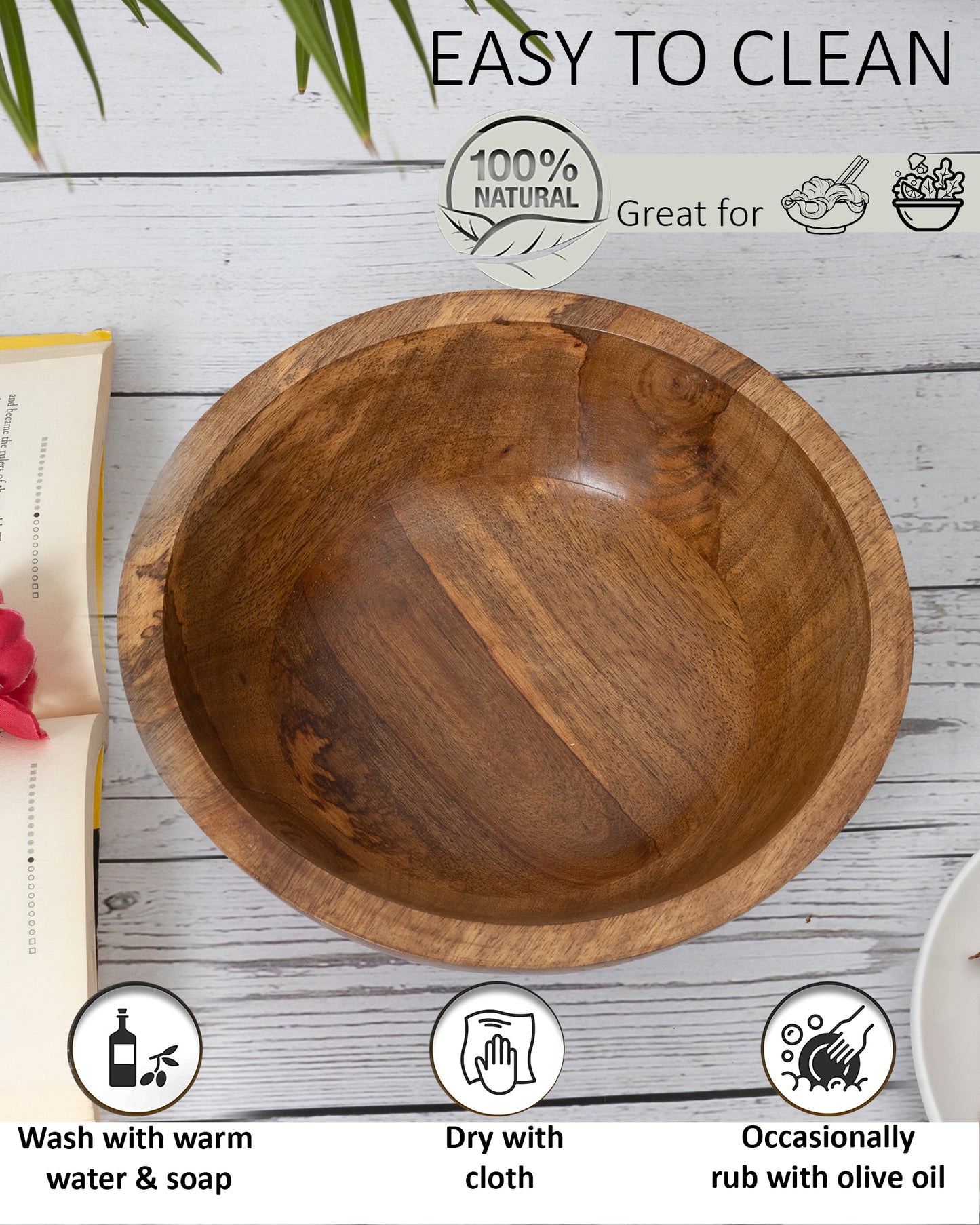 Flat base Wooden Serving Bowl for Salads, Fruits, Popcorn, Pasta