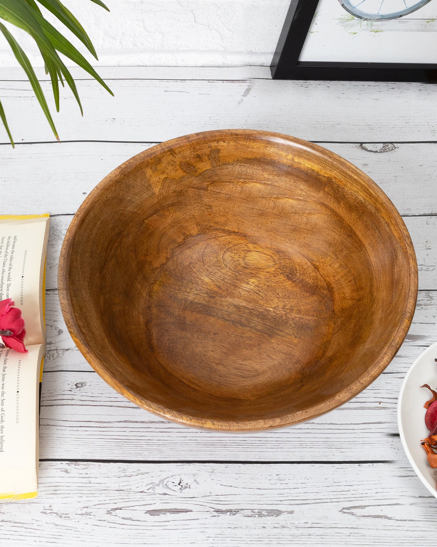 Flat base Wooden Serving Bowl for Salads, Fruits, Popcorn, Pasta