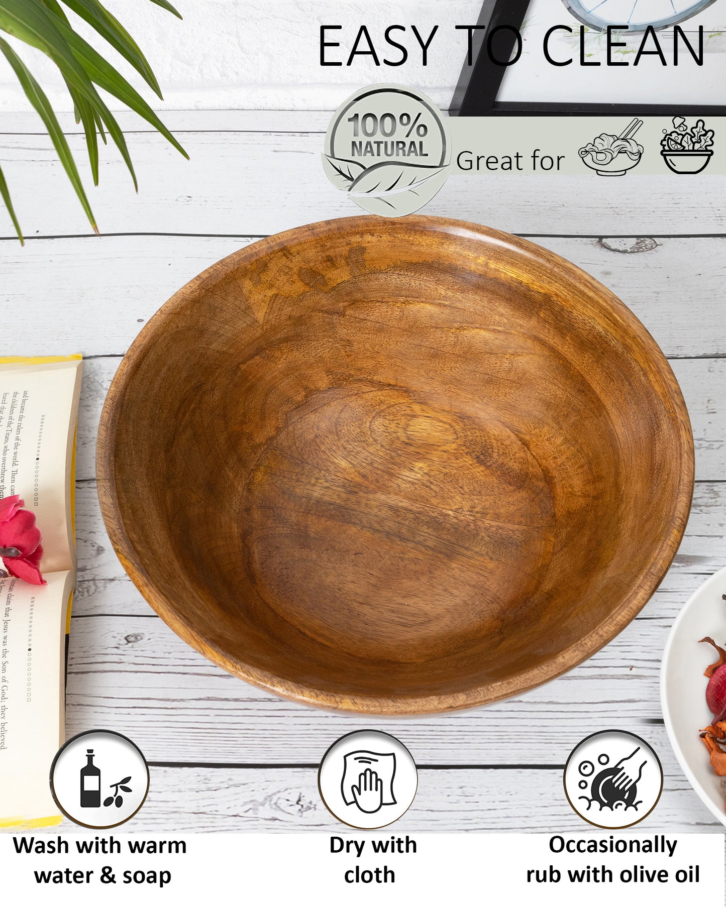 Flat base Wooden Serving Bowl for Salads, Fruits, Popcorn, Pasta