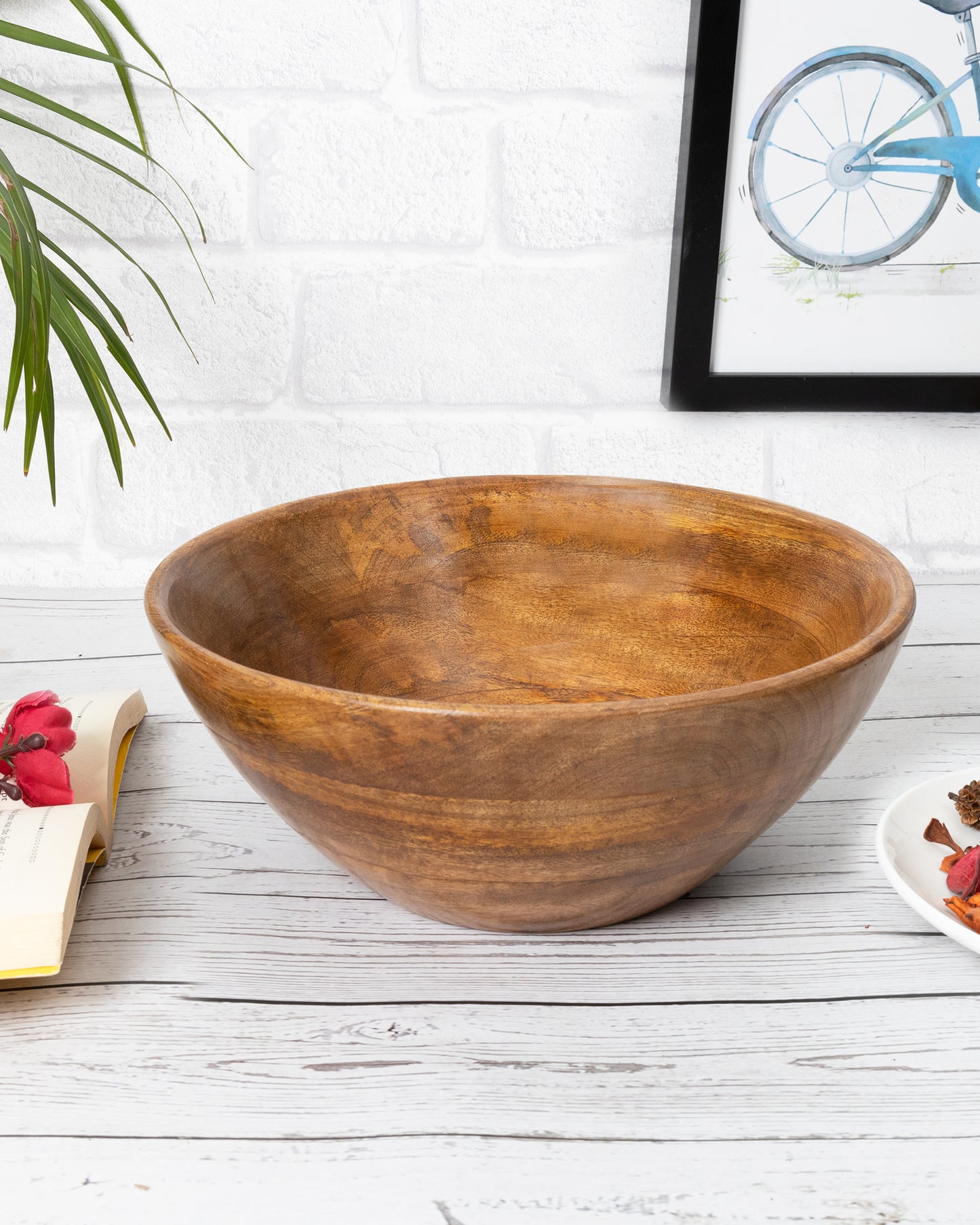 Flat base Wooden Serving Bowl for Salads, Fruits, Popcorn, Pasta