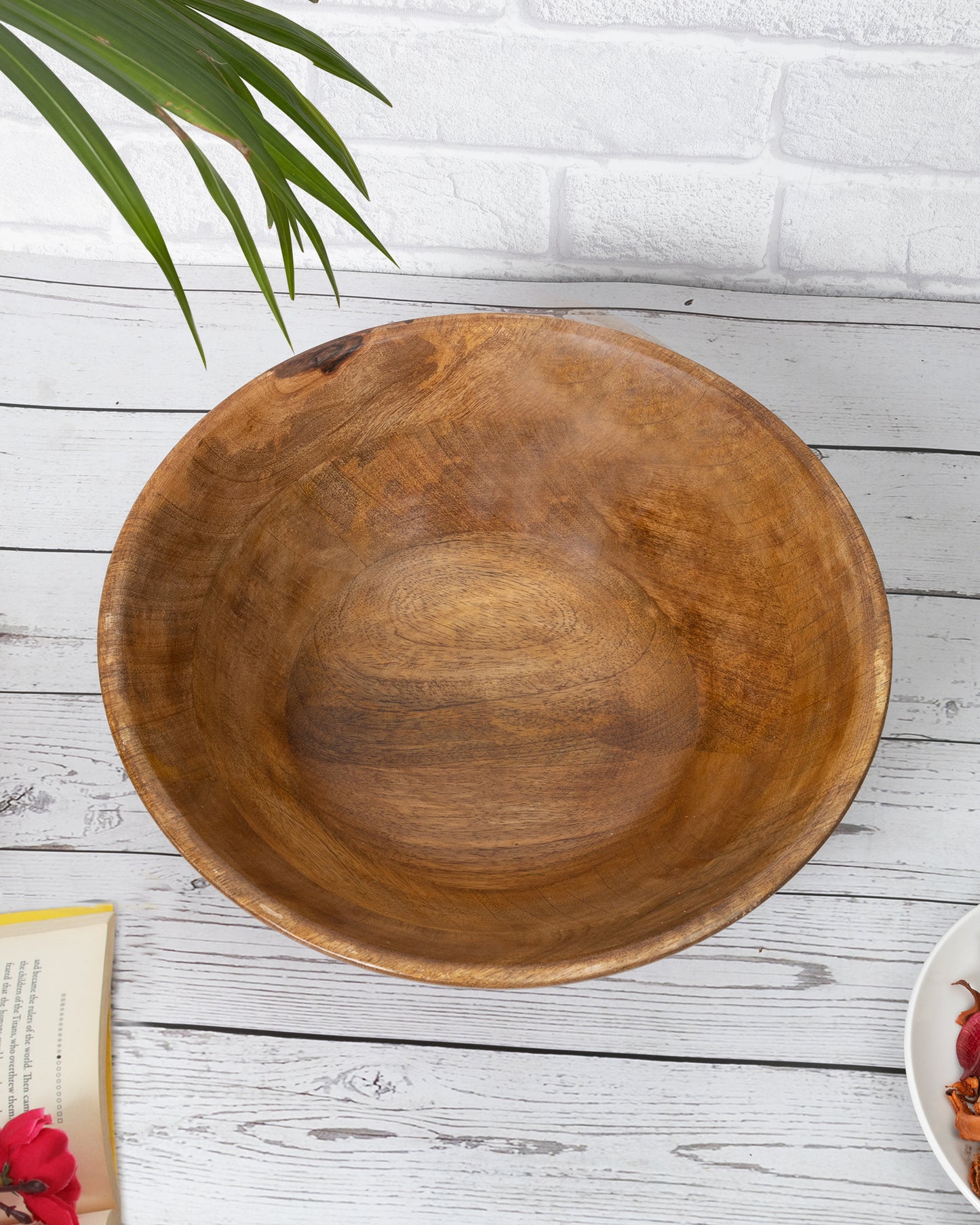 Flat base Wooden Serving Bowl for Salads, Fruits, Popcorn, Pasta