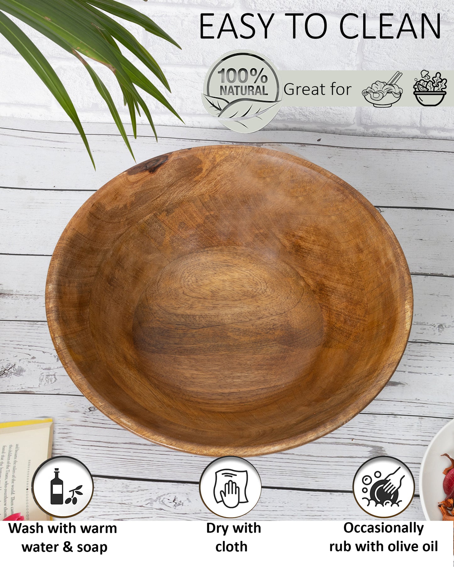 Flat base Wooden Serving Bowl for Salads, Fruits, Popcorn, Pasta