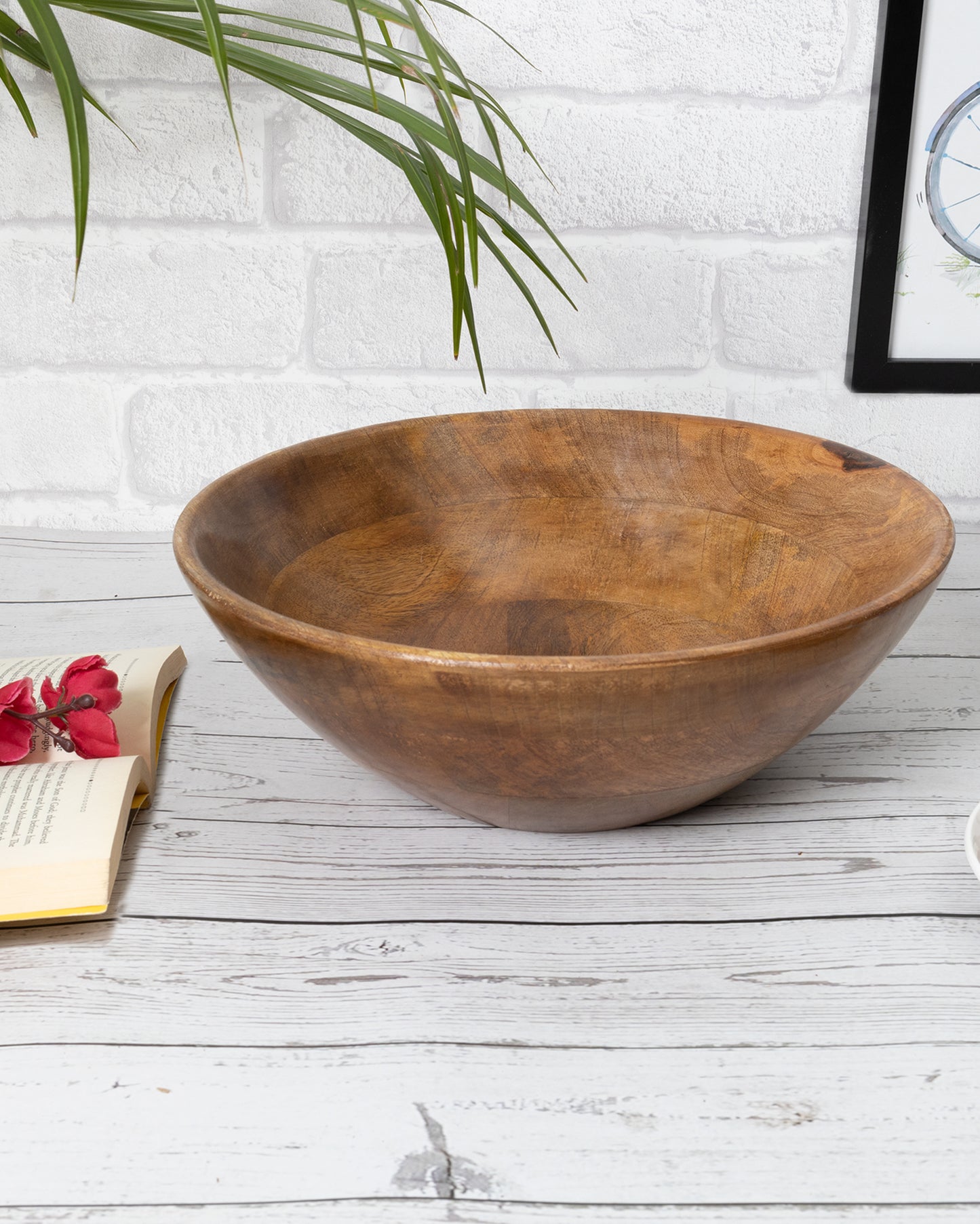 Flat base Wooden Serving Bowl for Salads, Fruits, Popcorn, Pasta