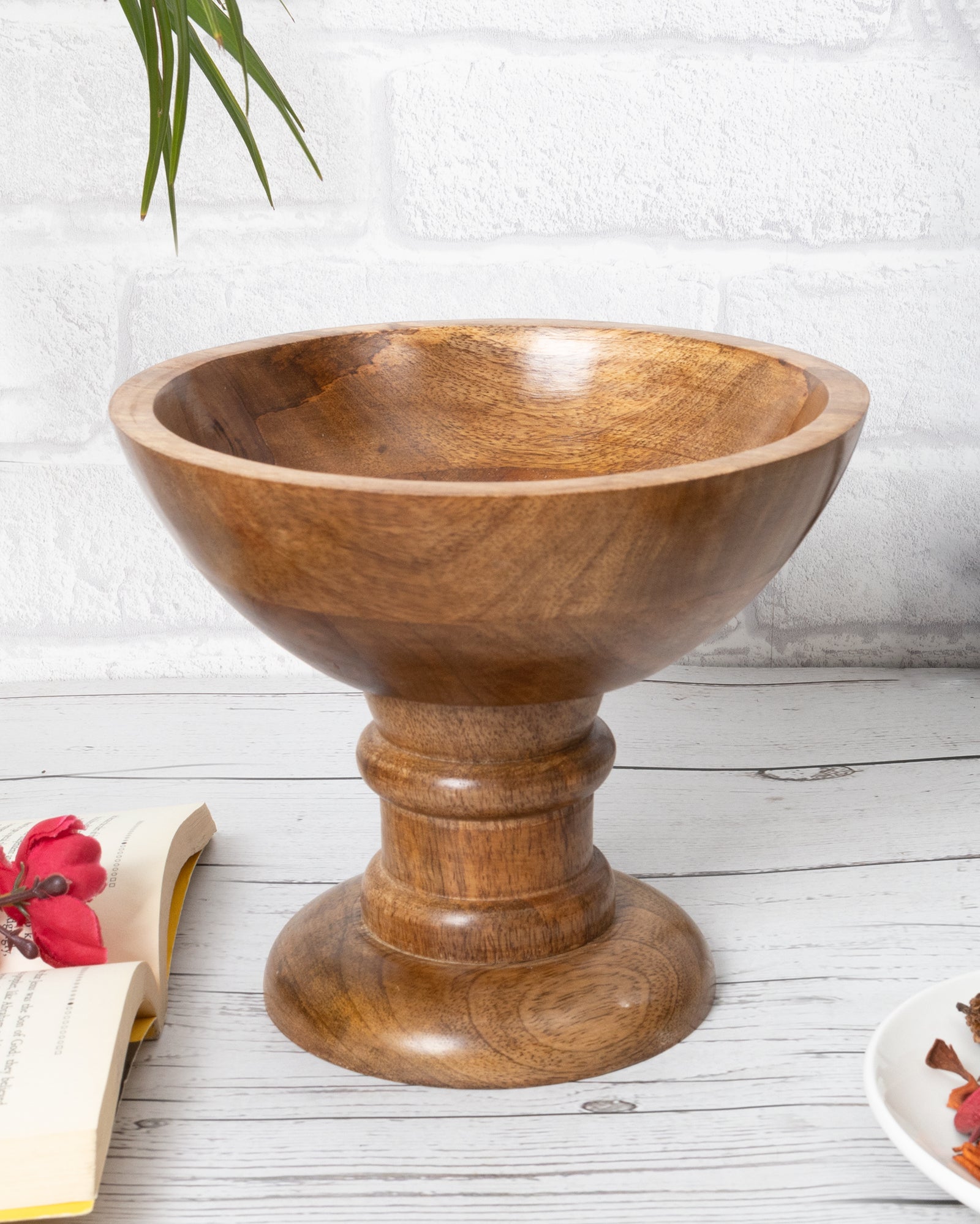 Vintage Wood Bowl with Stand Natural Wooden Serving Bowl for Salads Fruits Popcorn Pasta