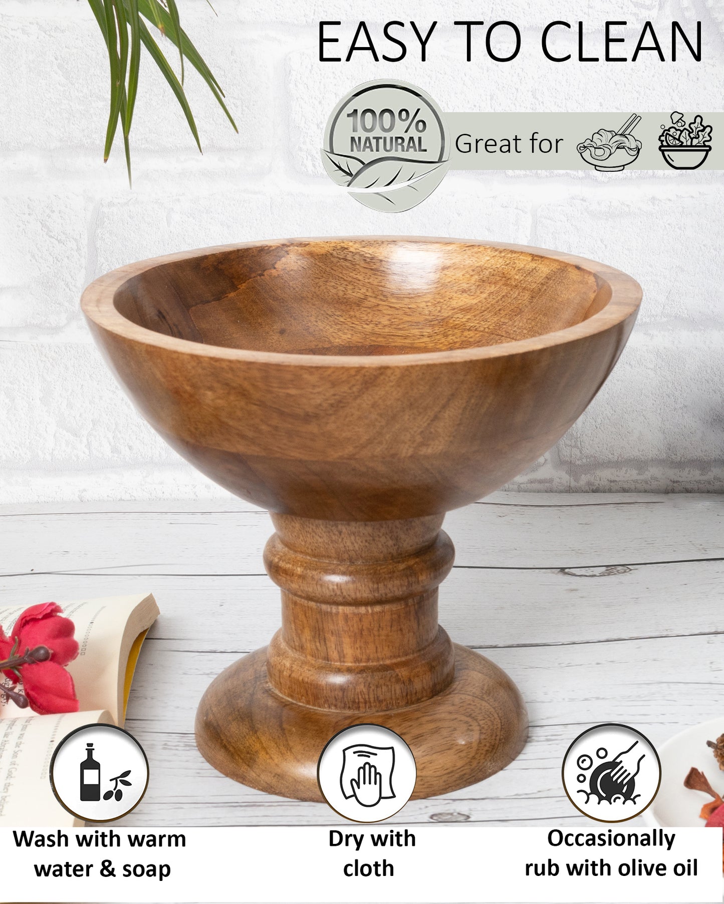 Vintage Wood Bowl with Stand-Natural Wooden Serving Bowl for Salads, Fruits, Popcorn, Pasta