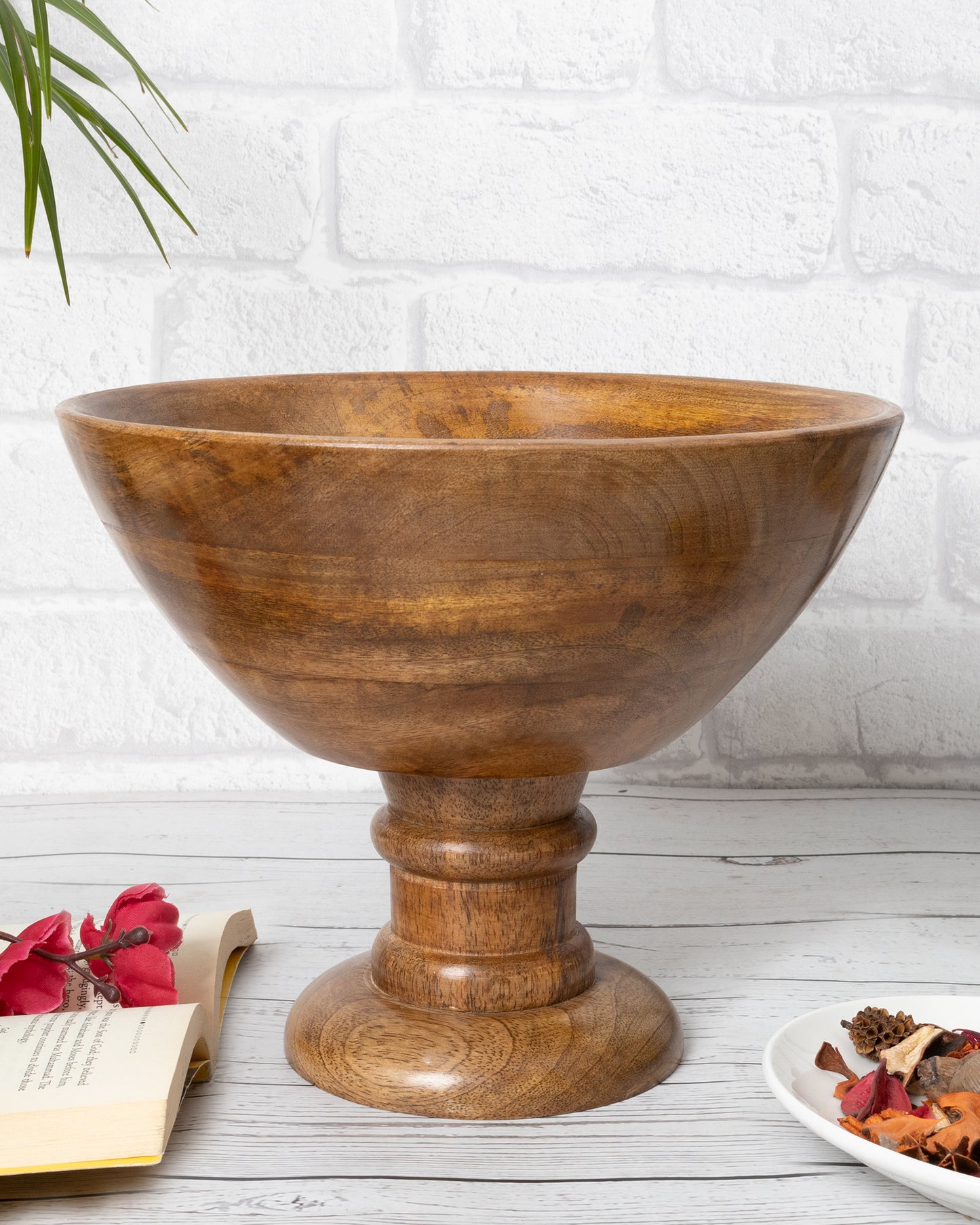 Vintage Wood Bowl with Stand-Natural Wooden Serving Bowl for Salads, Fruits, Popcorn, Pasta