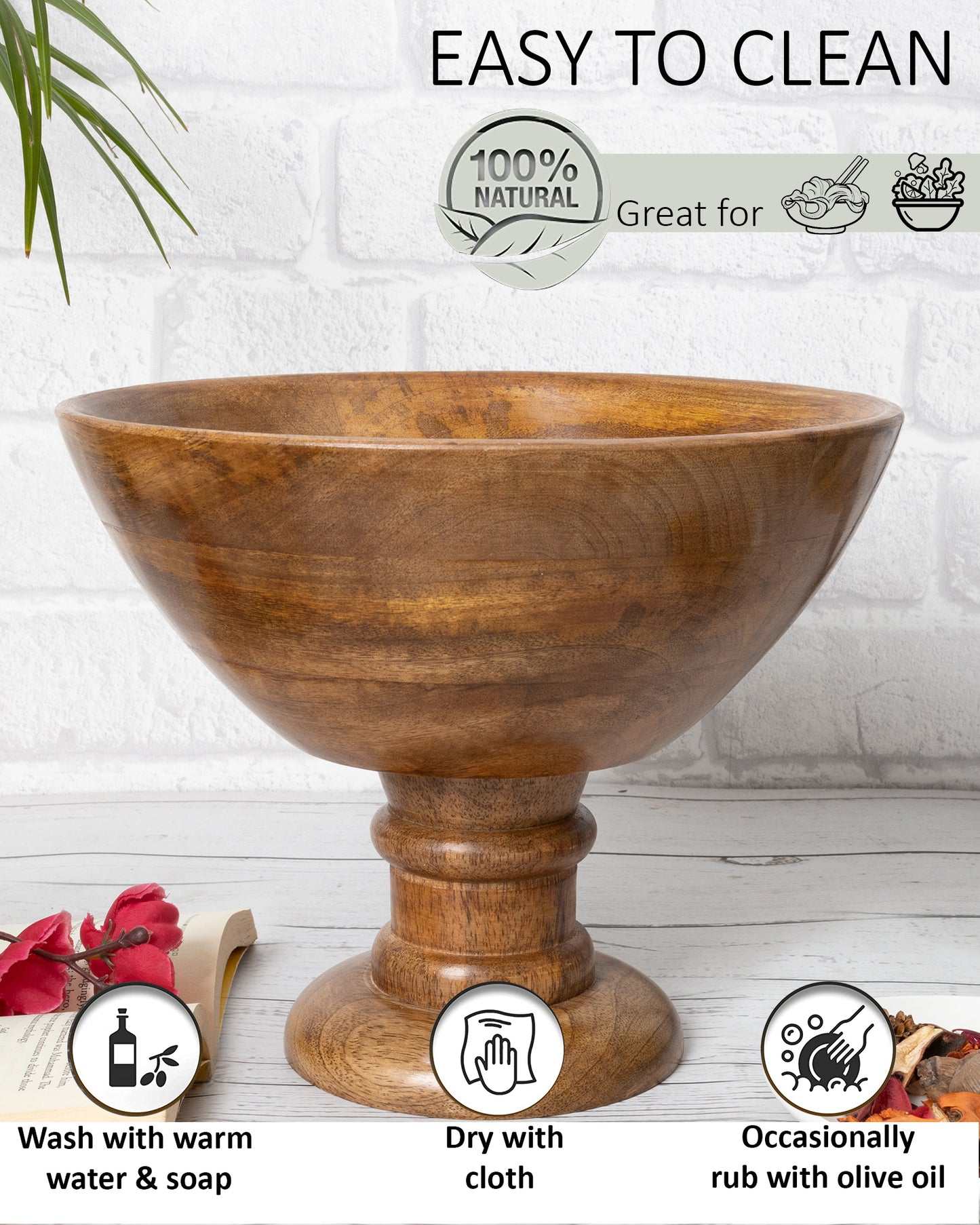 Vintage Wood Bowl with Stand-Natural Wooden Serving Bowl for Salads, Fruits, Popcorn, Pasta