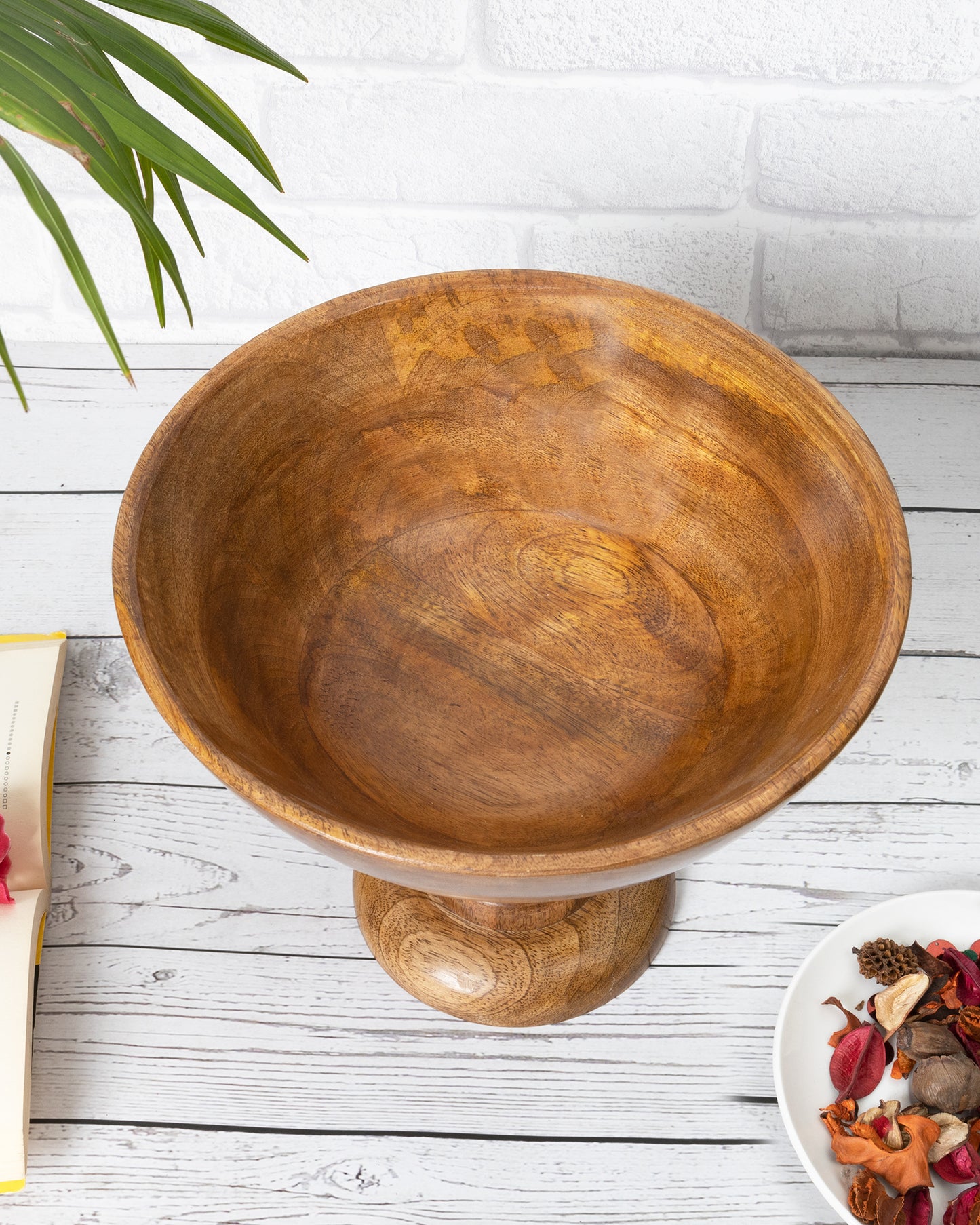 Vintage Wood Bowl with Stand-Natural Wooden Serving Bowl for Salads, Fruits, Popcorn, Pasta