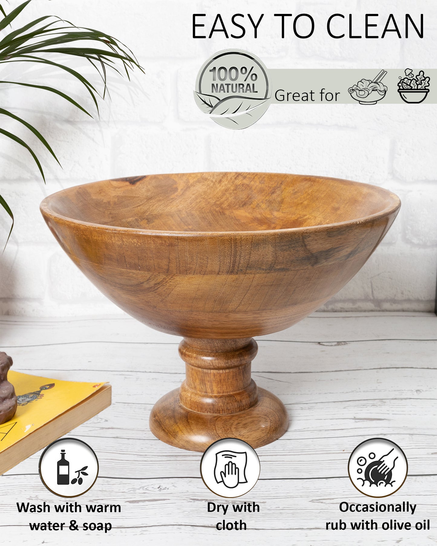 Vintage Wood Bowl with Stand-Natural Wooden Serving Bowl for Salads, Fruits, Popcorn, Pasta