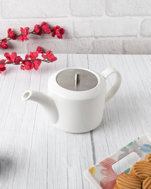 White Fine Porcelain Ancient Spring Tea kettle with steel lid, Bone china pot for morning tea, coffee, drink