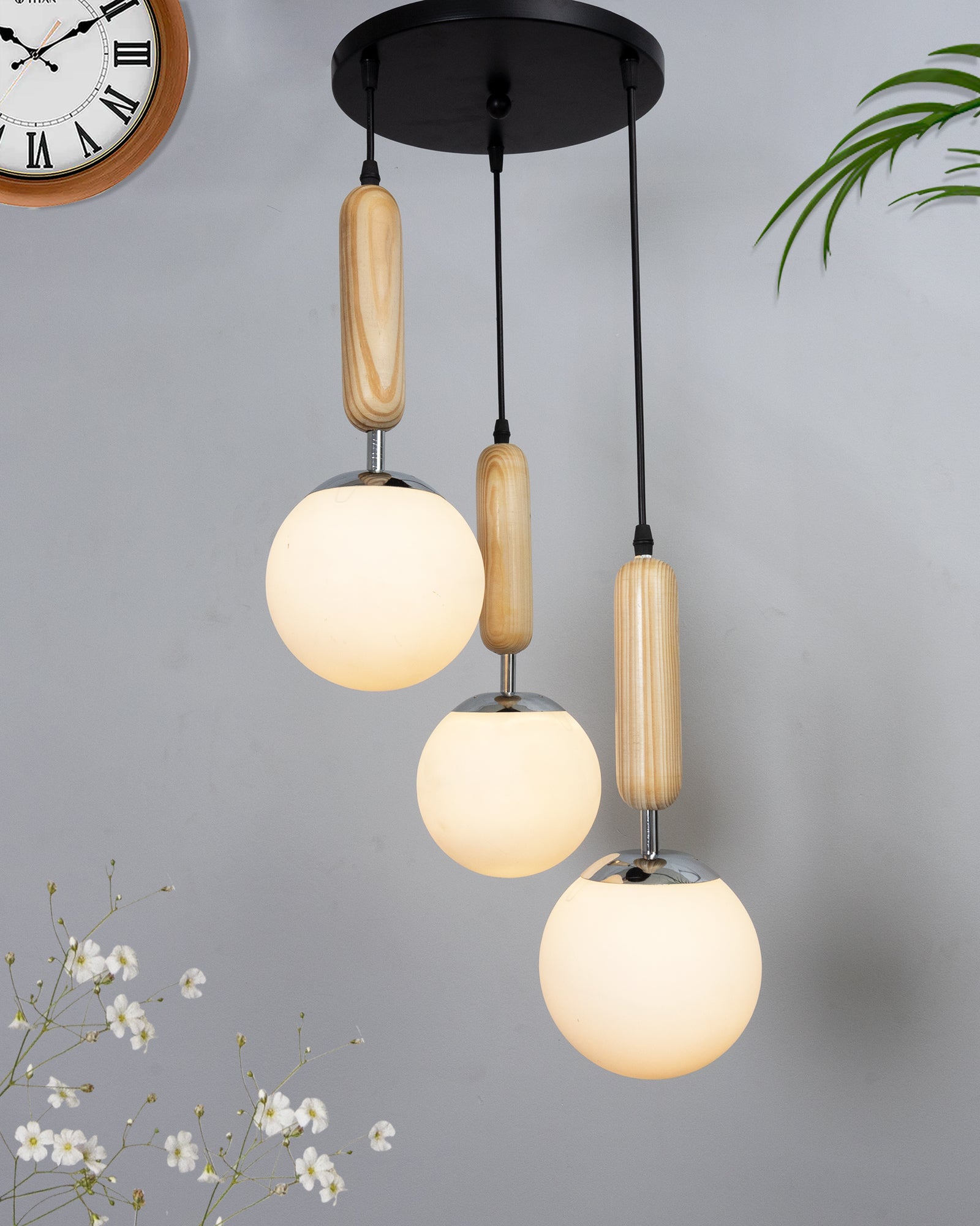 Wooden Chandelier Round Plate hanging light with chrome finish