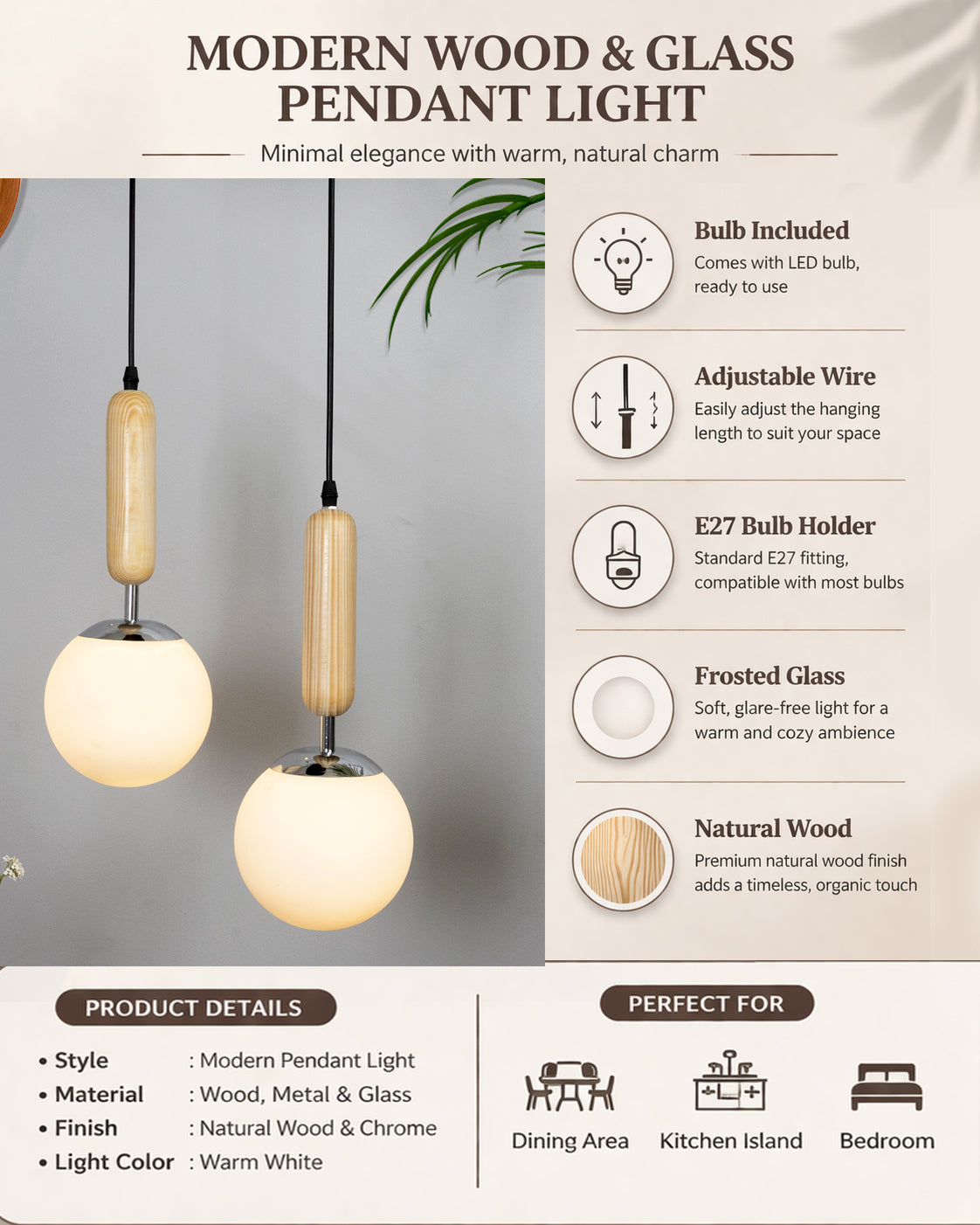 Wood Bullet Lamp with chrome cap Ceiling lamp white frosted glass globe Pack of 1