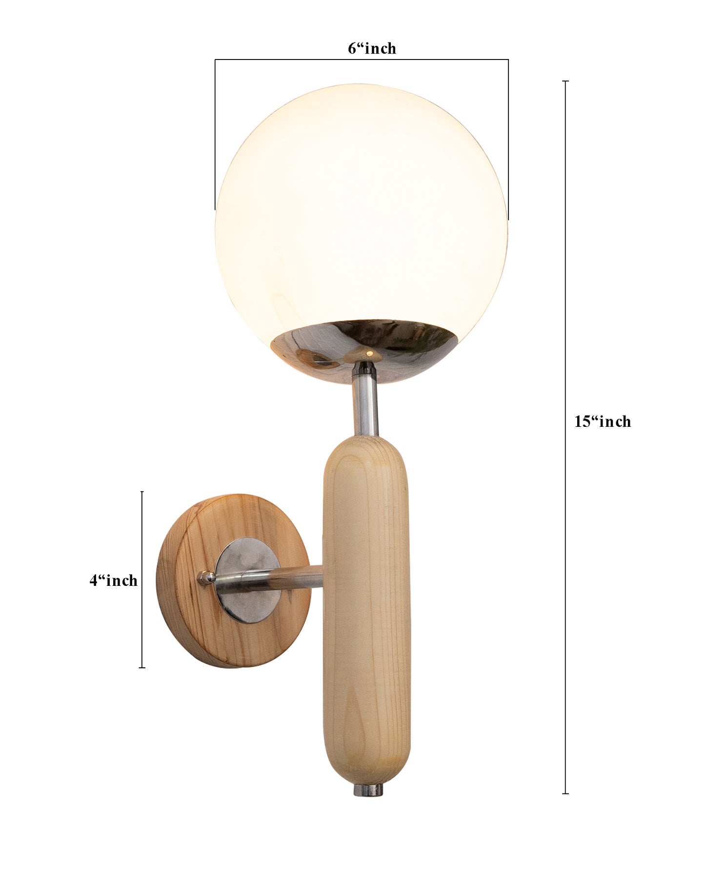 Wood Bullet Wall Lamp with chrome finish, lamp white glass globe