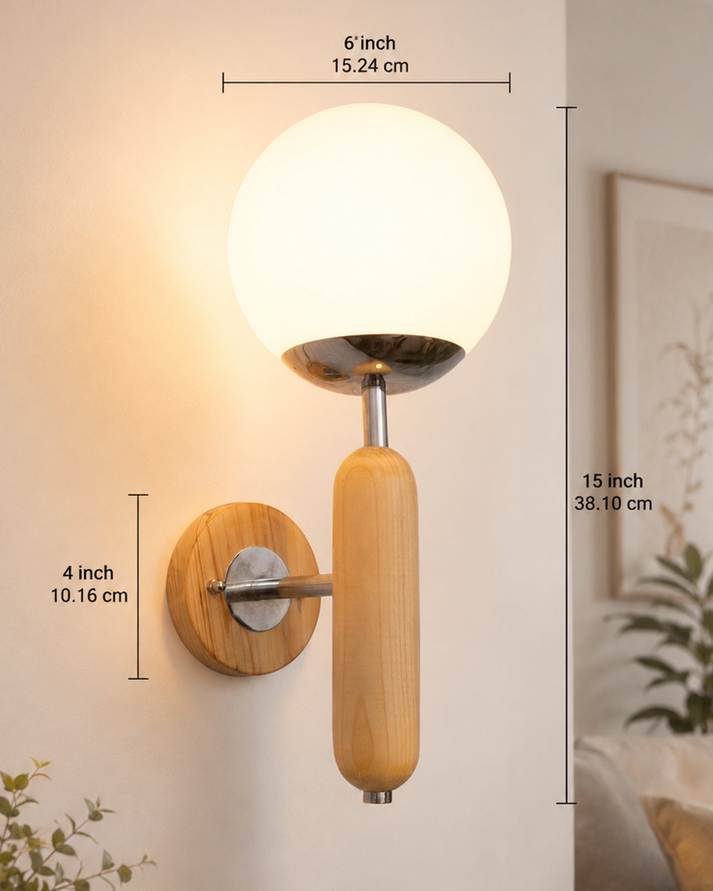 Wood Bullet Wall Lamp with chrome finish, lamp white glass globe