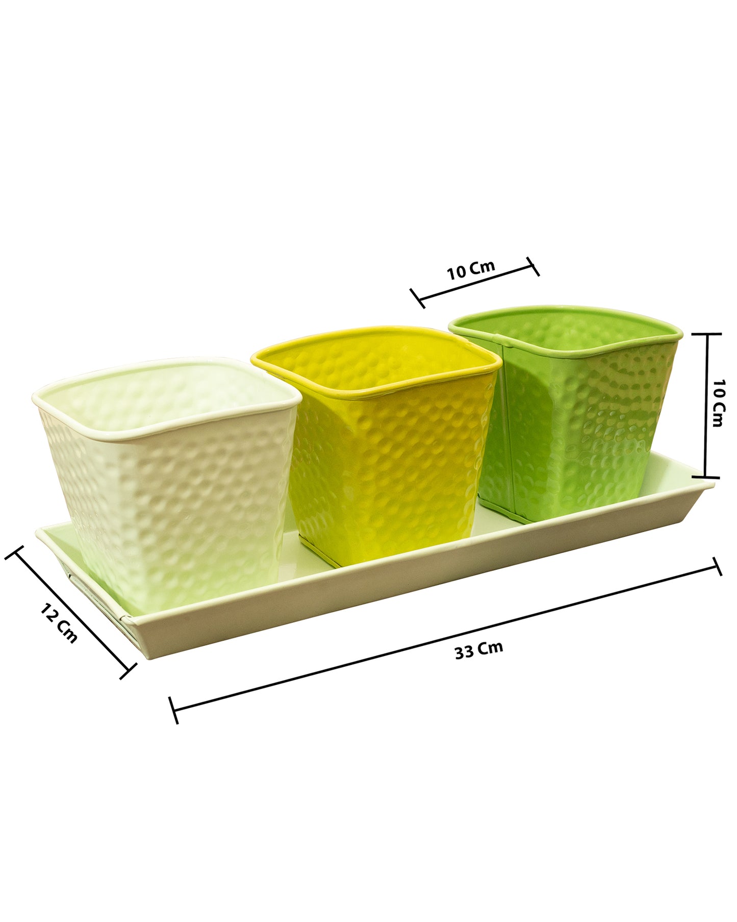 Herb Pot Planter Set with Tray for Indoor Garden or Outdoor Use,Metal Succulent Potted Planters for Kitchen, (Set of 3, 4.25” x 4” Planters on 12.5” x 4" Tray)