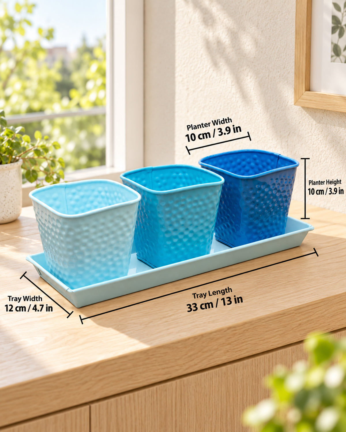 Herb Pot Planter Set with Tray for Indoor Garden or Outdoor Use,Metal Succulent Potted Planters for Kitchen, (Set of 3, 4.25” x 4” Planters on 12.5” x 4" Tray)
