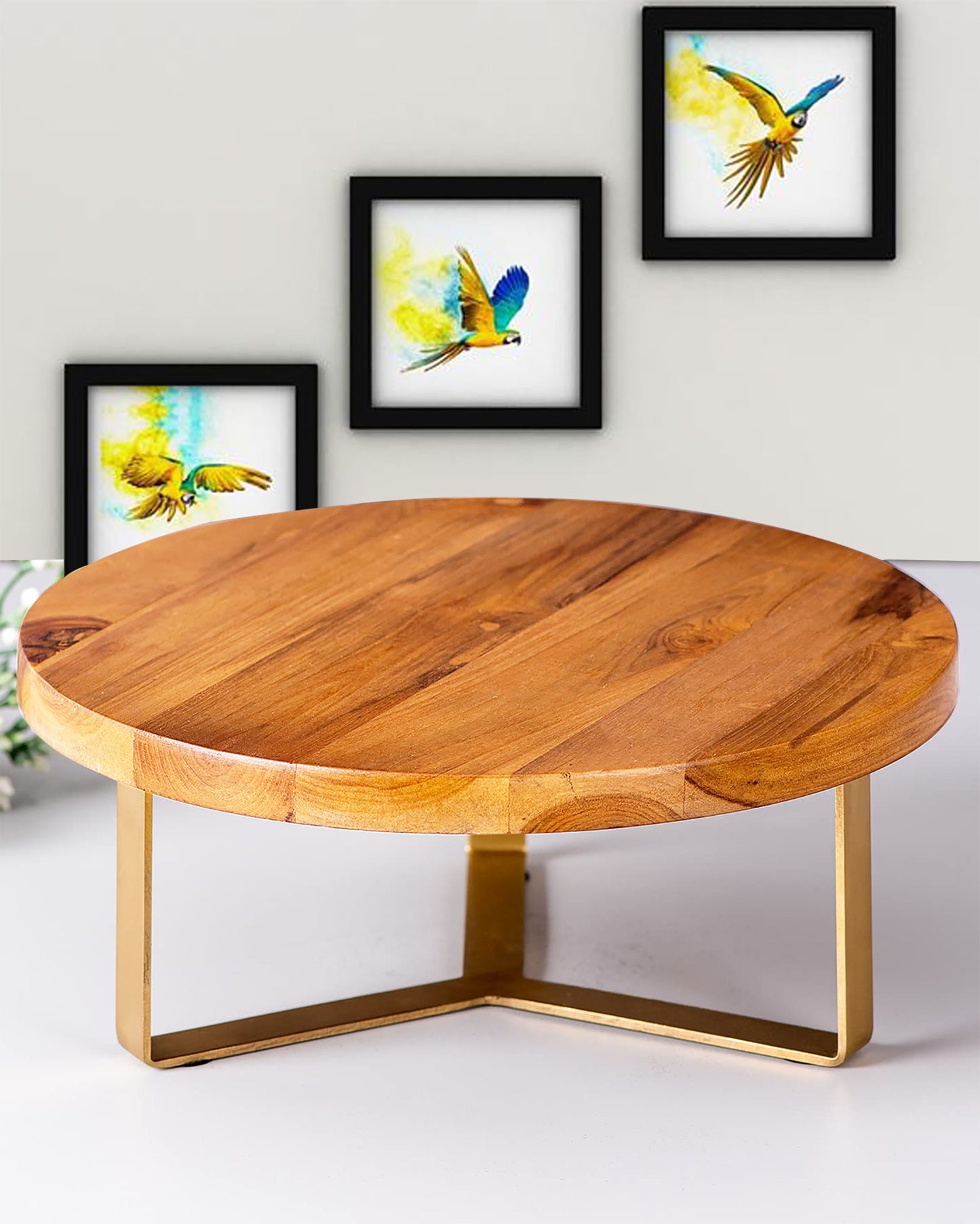 12 inch Wood Cake Stand for Dessert Table - Round White Cake Holder Tray Wooden Serving Platter Pedestal Centerpiece Decoration with Sturdy Hinged Metal Legs for Wedding Cakes