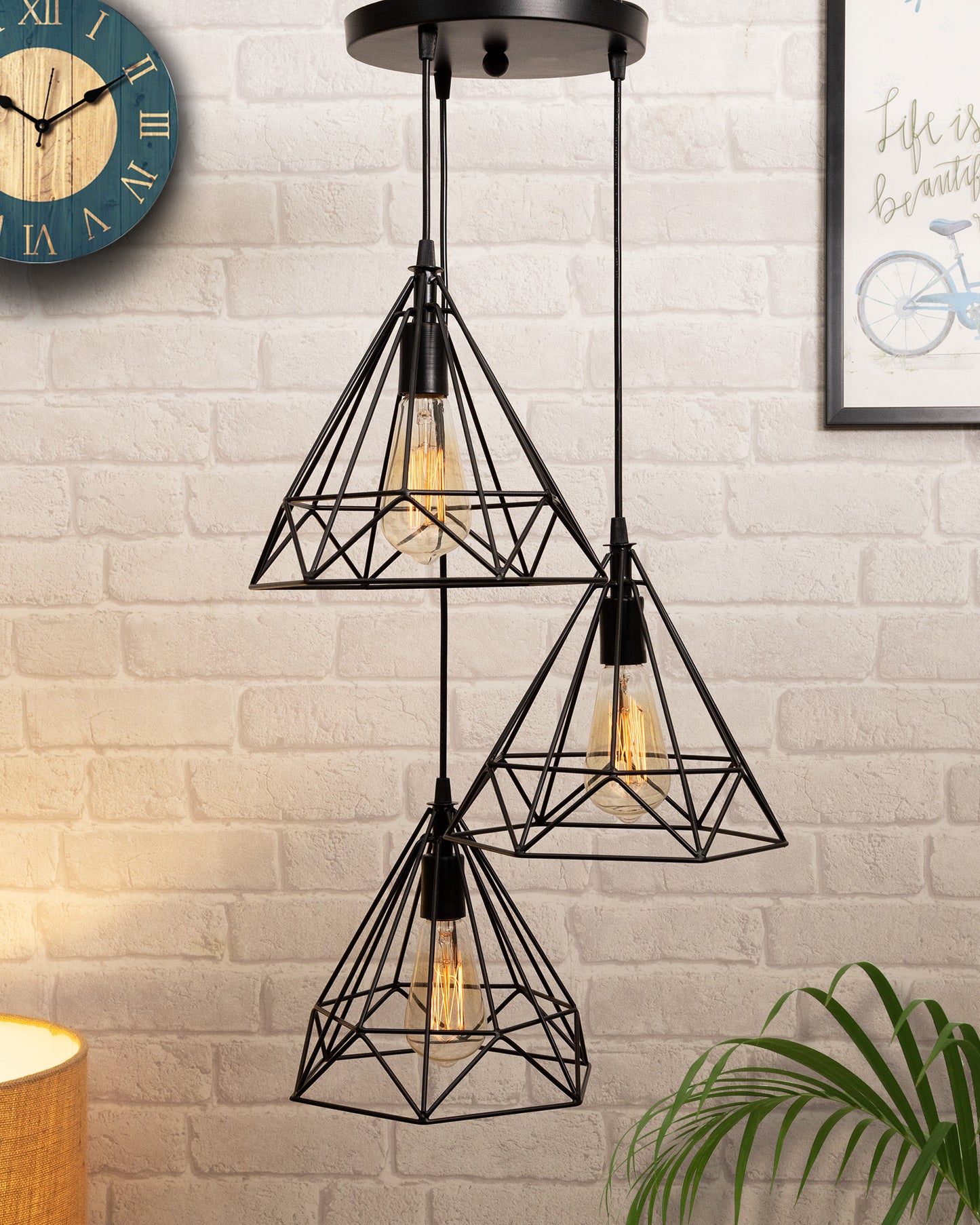 Round 3 Lights Cluster Chandelier Diamond Hanging Pendant Light With Black Cord
