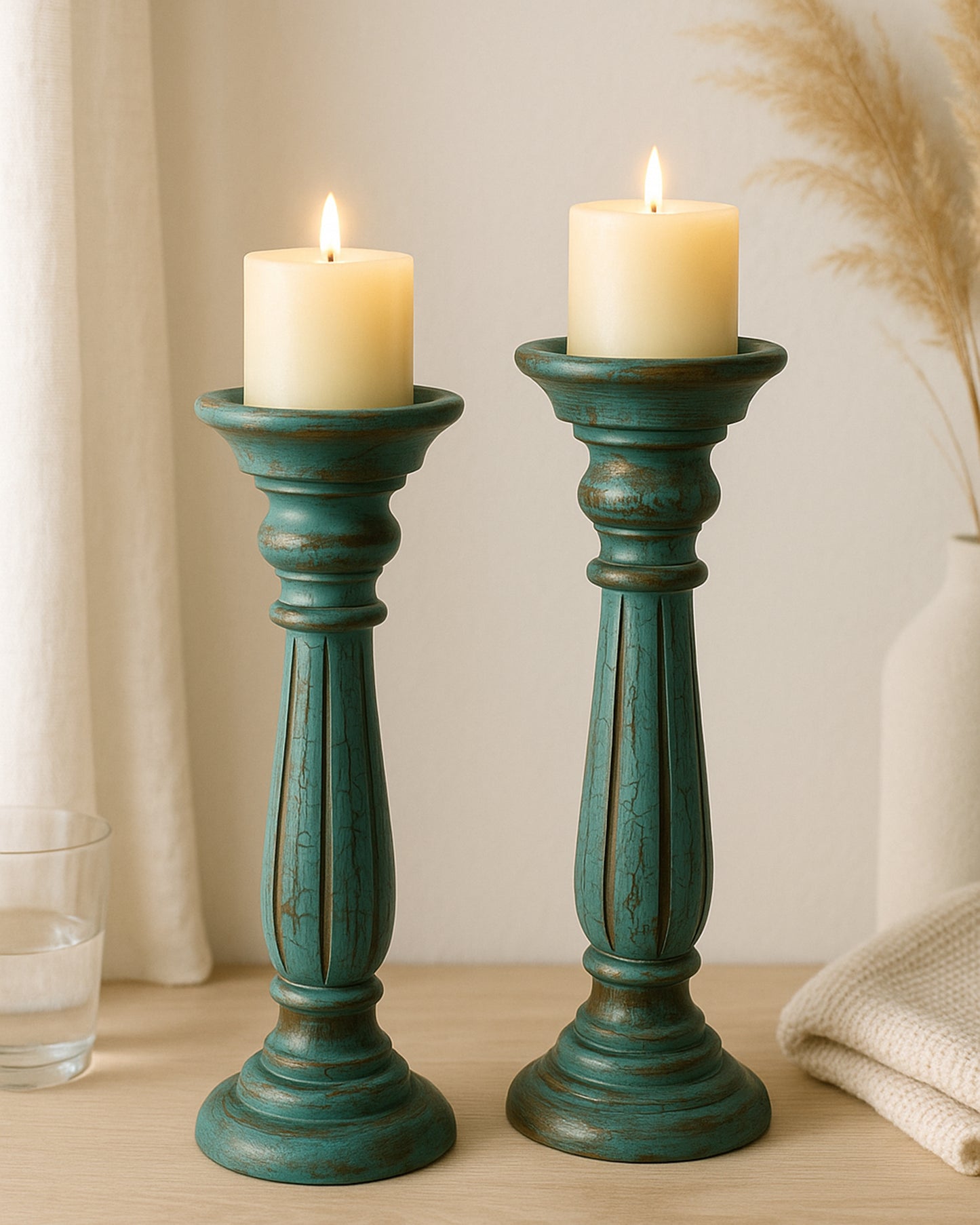 Wooden Pillar Candle Stand, Hand Crafted Wood Candle Holders for Living Room, Table Centerpiece, Hallway Decor Polish, Turquoise