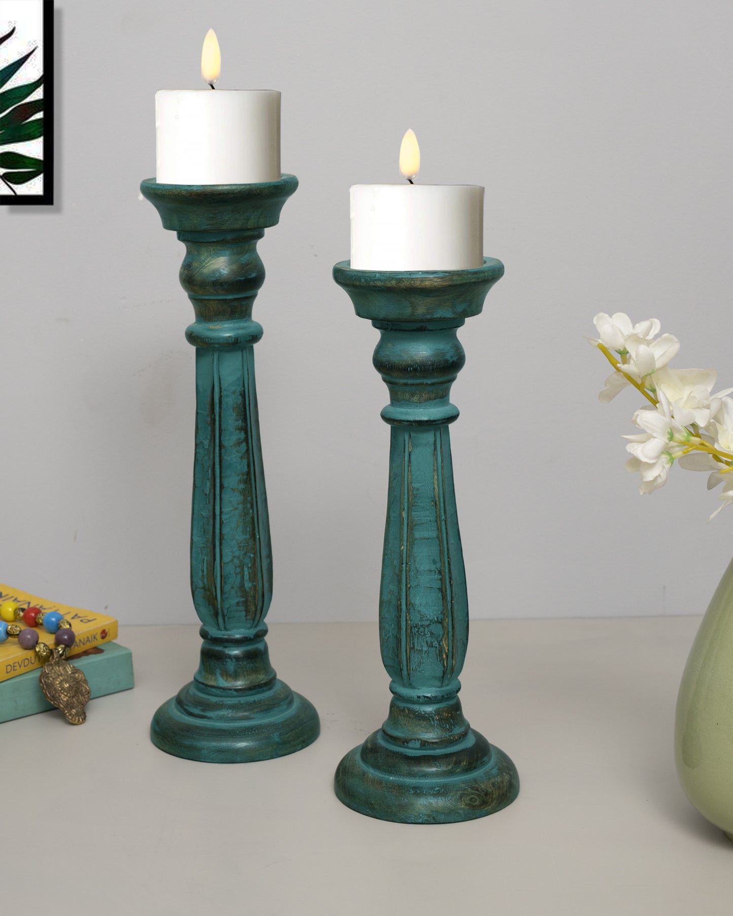 Wooden Pillar Candle Stand, Hand Crafted Wood Candle Holders for Living Room, Table Centerpiece, Hallway Decor Polish, Turquoise