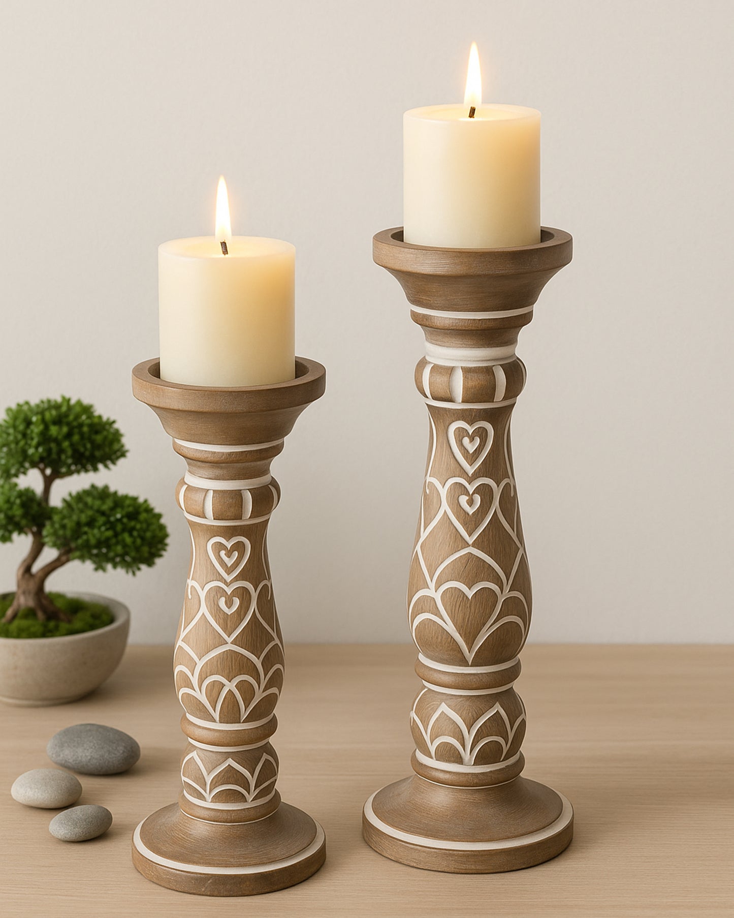 Wooden Pillar Candle Stand, Hand Crafted Wood Candle Holders for Living Room, Table Centerpiece, Hallway Decor Polish, Antique White